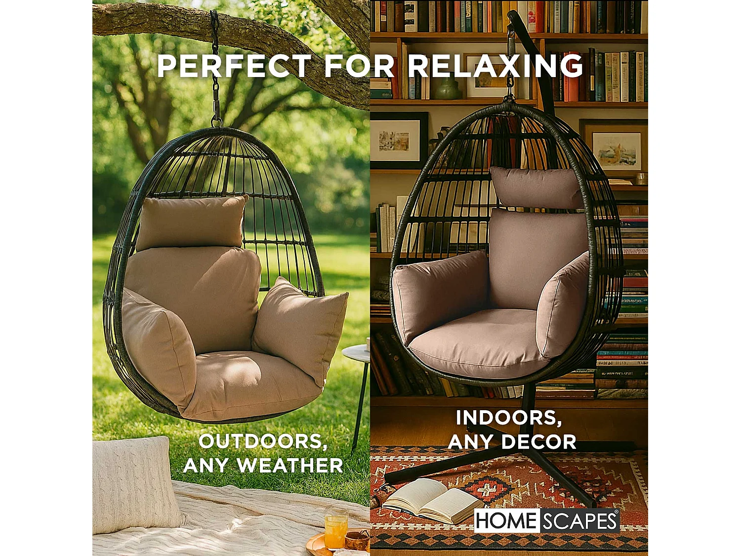 Homescapes Luxury Waterproof Egg Chair Cushion, 110 x 112 cm, Detachable Headrest, Supportive Generous Filling, Beige Egg Chair Replacement Cushion