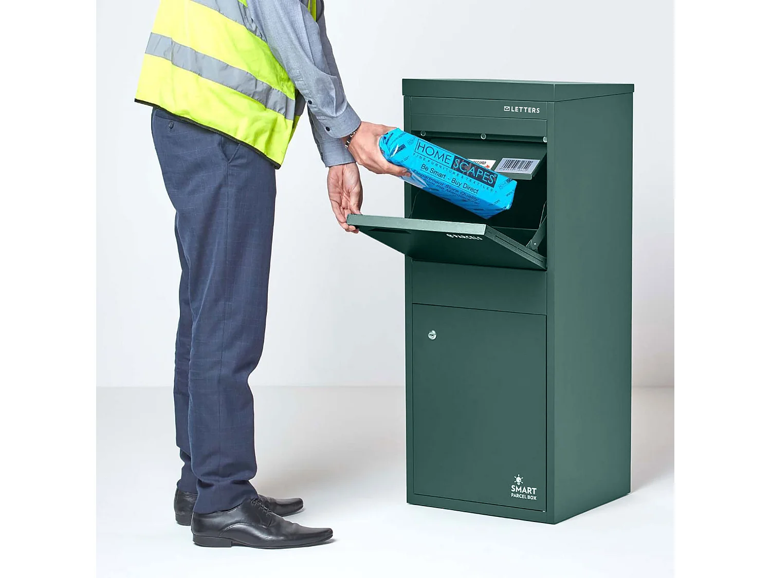 Smart Parcel Box Large Secure Outdoor Delivery Box Galvanised Steel Front and Rear Access Green