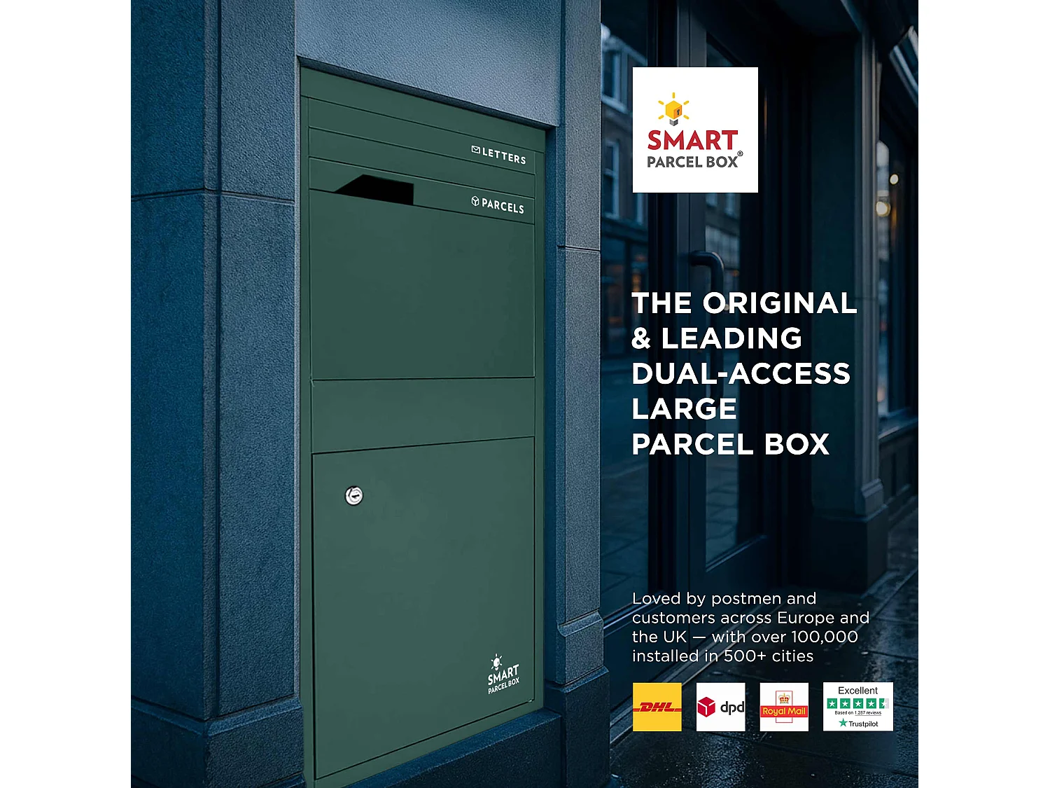 Smart Parcel Box Large Secure Outdoor Delivery Box Galvanised Steel Front and Rear Access Green