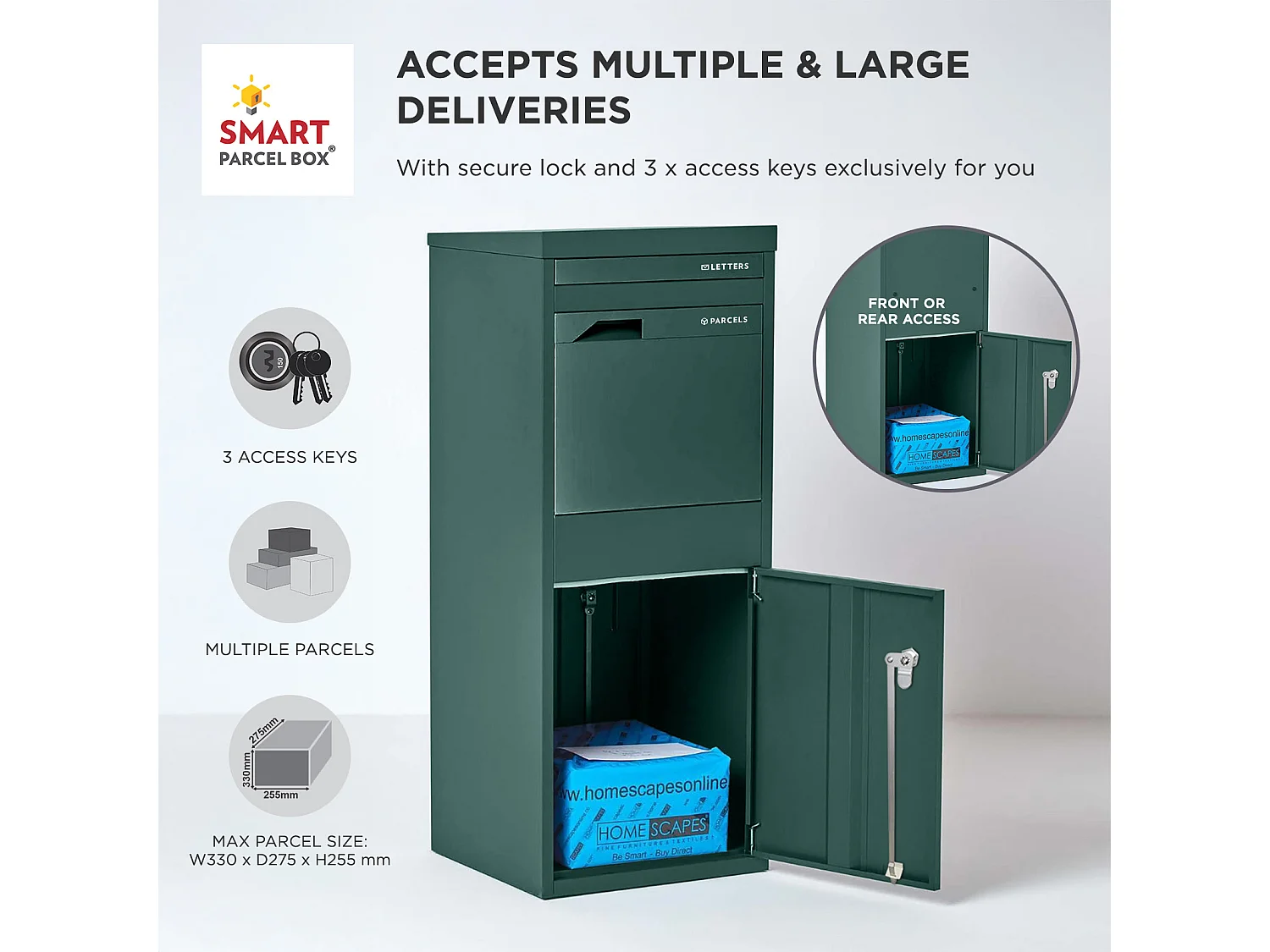 Smart Parcel Box Large Secure Outdoor Delivery Box Galvanised Steel Front and Rear Access Green
