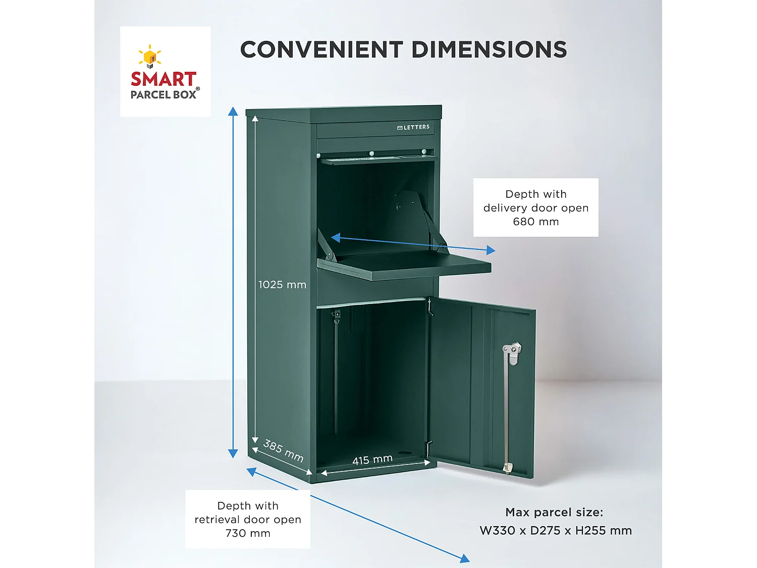 Smart Parcel Box Large Secure Outdoor Delivery Box Galvanised Steel Front and Rear Access Green