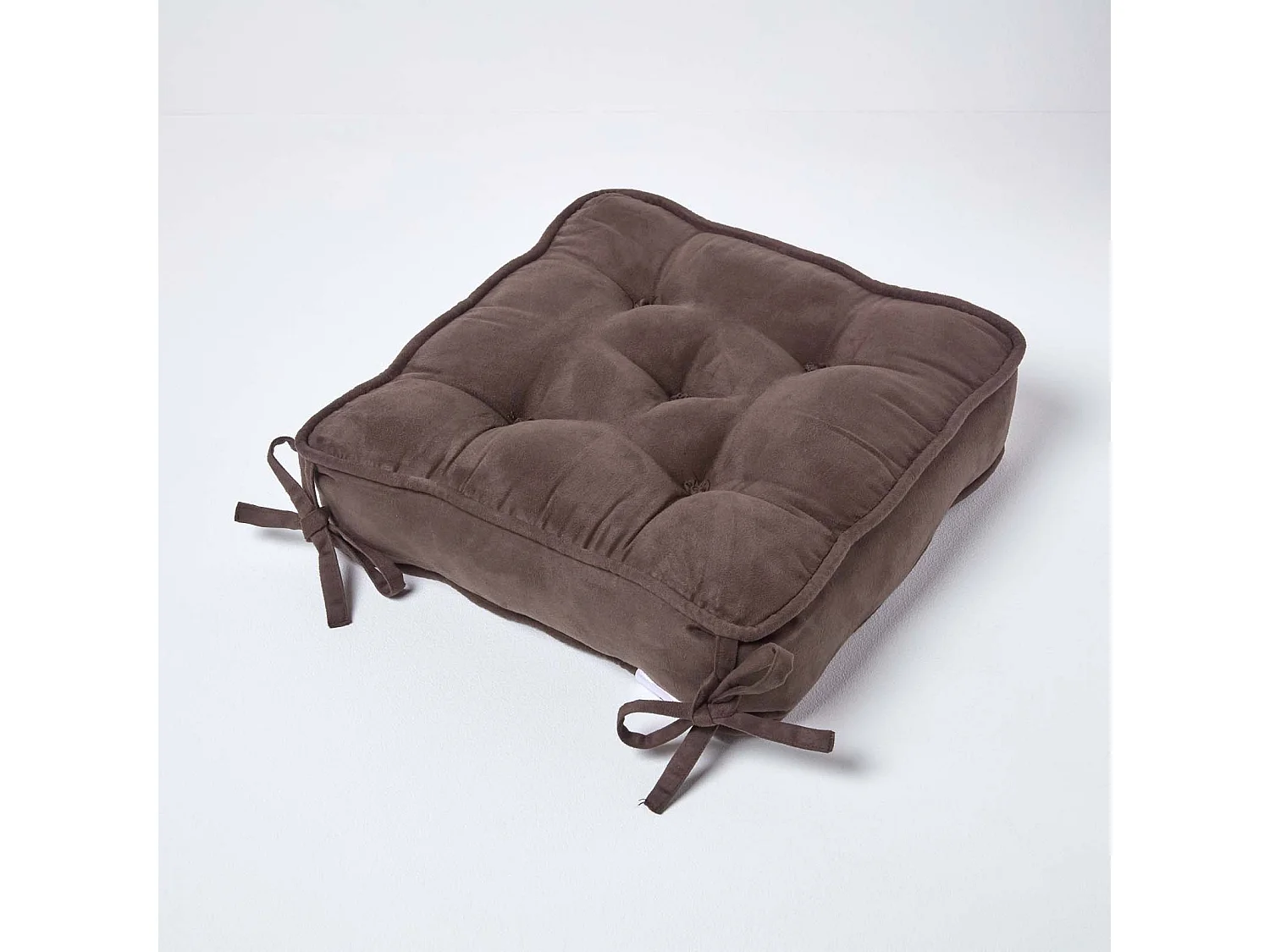 Homescapes Faux Suede Dining Chair Booster Cushion Firm 10cm Thick Seat Pad, 40 x 40 cm, Chocolate Brown, Quilted Design, Ribbon Ties