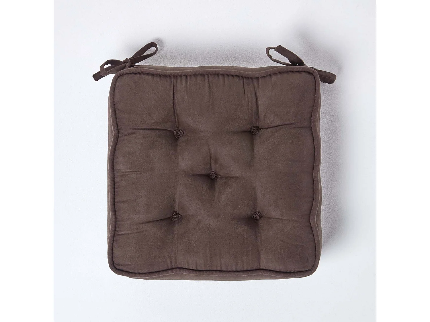 Homescapes Faux Suede Dining Chair Booster Cushion Firm 10cm Thick Seat Pad, 40 x 40 cm, Chocolate Brown, Quilted Design, Ribbon Ties