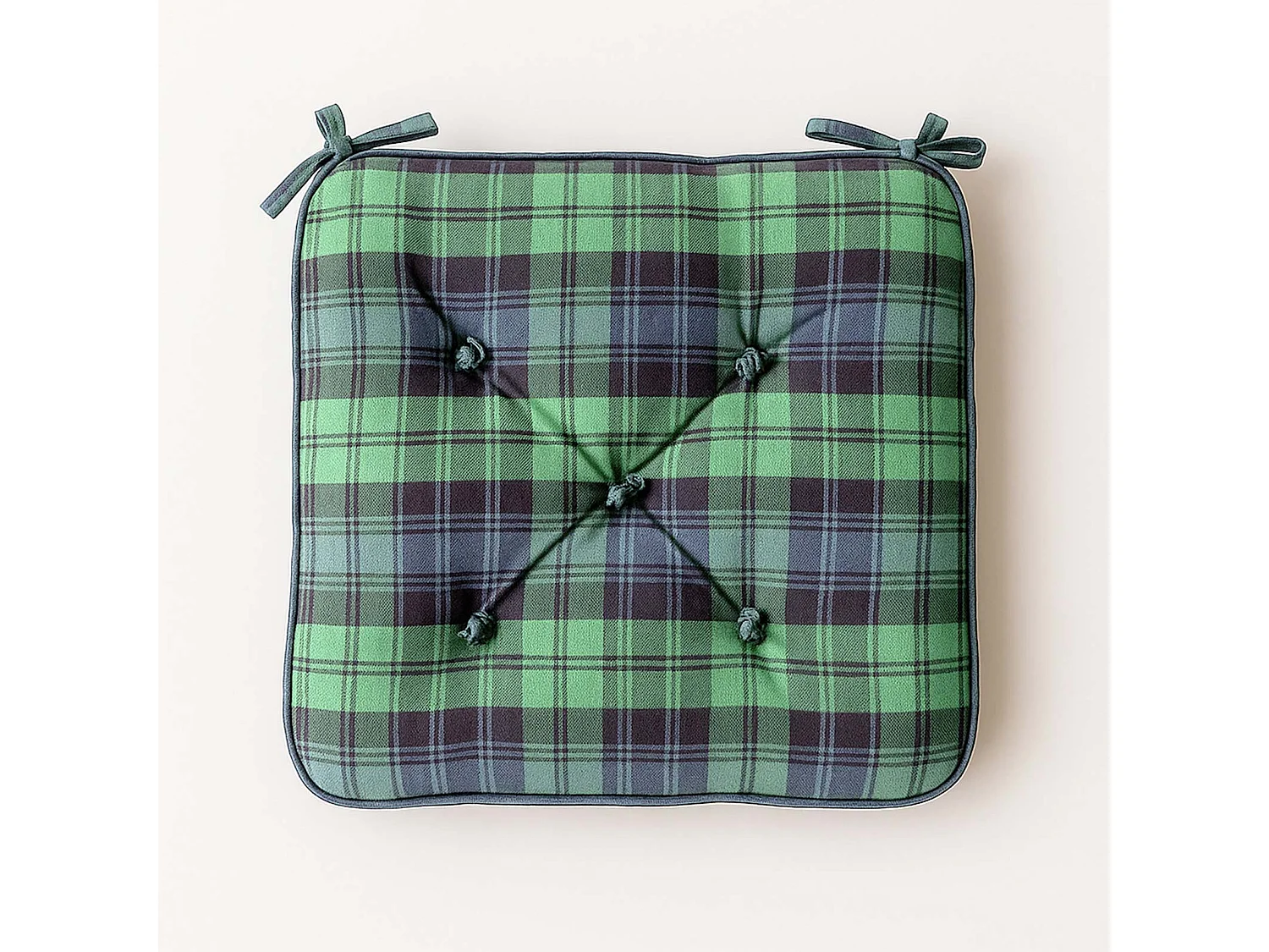 Homescapes Cotton Dining Chair Booster Cushion Firm 10cm Thick Seat Pad, 40 x 40 cm, Green, Tartan, 100% Cotton Cover, Quilted, Ties Supportive