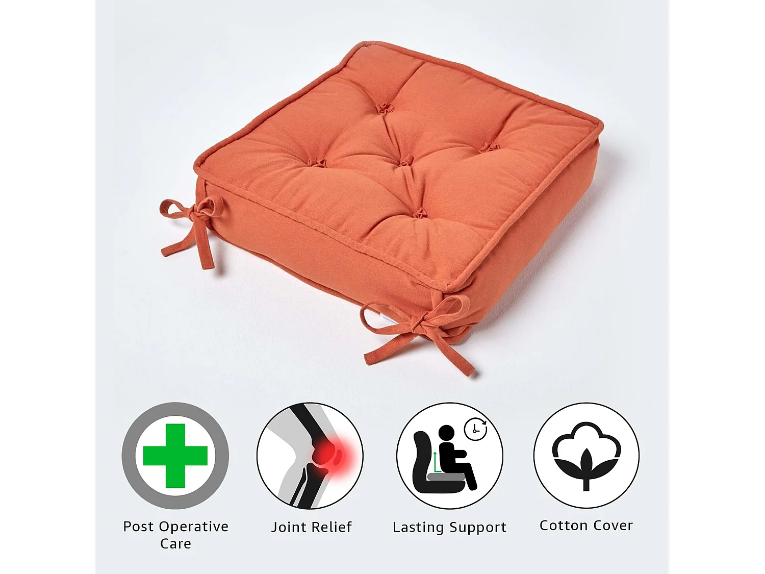 Homescapes Cotton Dining Chair Booster Cushion Firm 10cm Thick Seat Pad, 40 x 40 cm, Terracotta Orange, 100% Cotton Cover, Quilted, Ties, Supportive