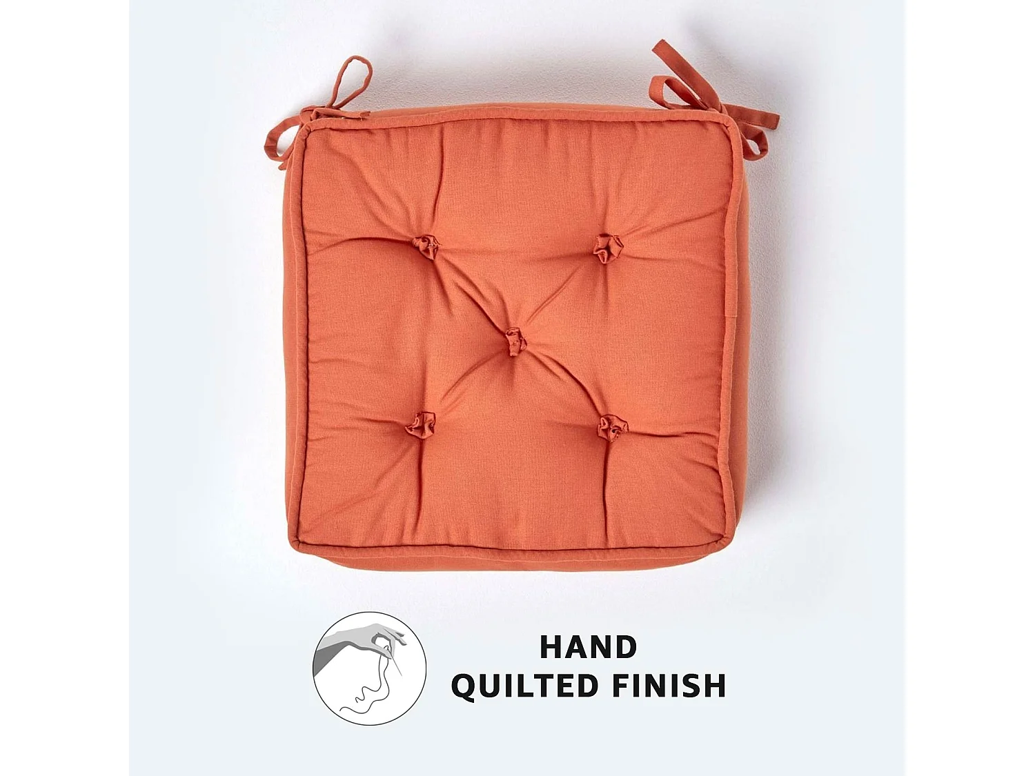 Homescapes Cotton Dining Chair Booster Cushion Firm 10cm Thick Seat Pad, 40 x 40 cm, Terracotta Orange, 100% Cotton Cover, Quilted, Ties, Supportive