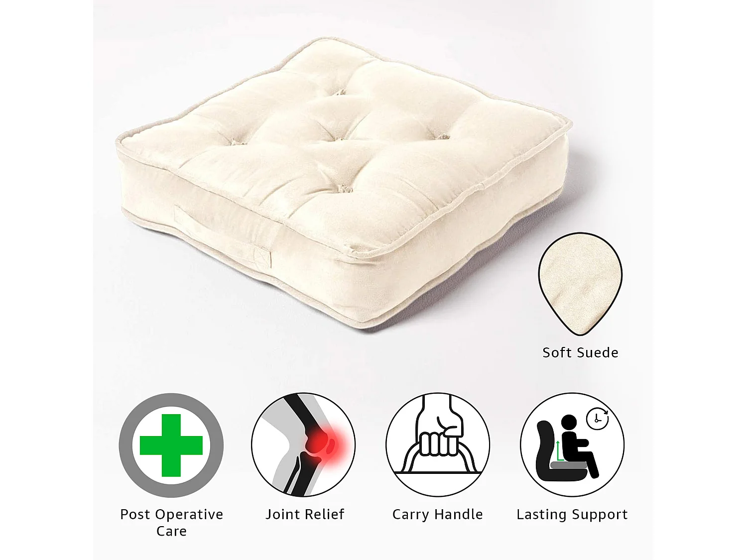 Homescapes Faux Suede Armchair Booster Cushion Firm 10cm Thick Seat Pad, 50 x 50 cm, Cream, Supportive High Density Filling, Carry Handle