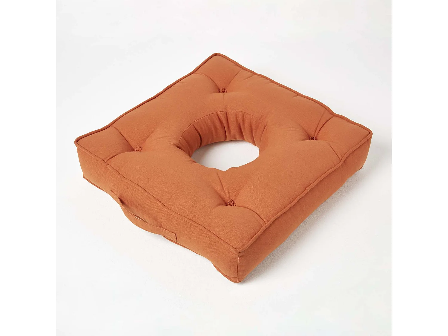 Homescapes Cotton Pressure Relief Armchair Booster Cushion Firm 10cm Thick Pad, 50 x 50 cm, Terracotta Orange, 100% Cotton Cover, Handle, Donut Ring