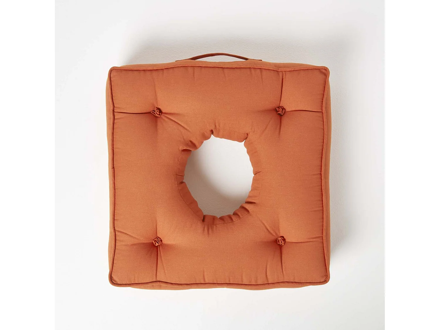 Homescapes Cotton Pressure Relief Armchair Booster Cushion Firm 10cm Thick Pad, 50 x 50 cm, Terracotta Orange, 100% Cotton Cover, Handle, Donut Ring