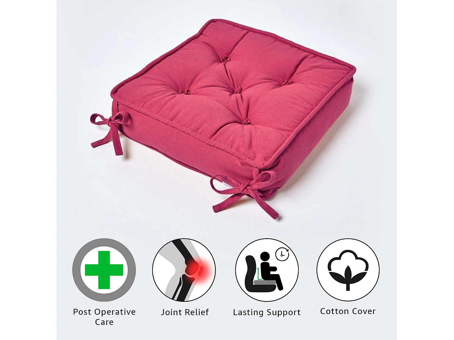 Homescapes Cotton Dining Chair Booster Cushion Firm 10cm Thick Seat Pad, 40 x 40 cm, Red, 100% Cotton Cover, Hand Quilted, Ties, Supportive