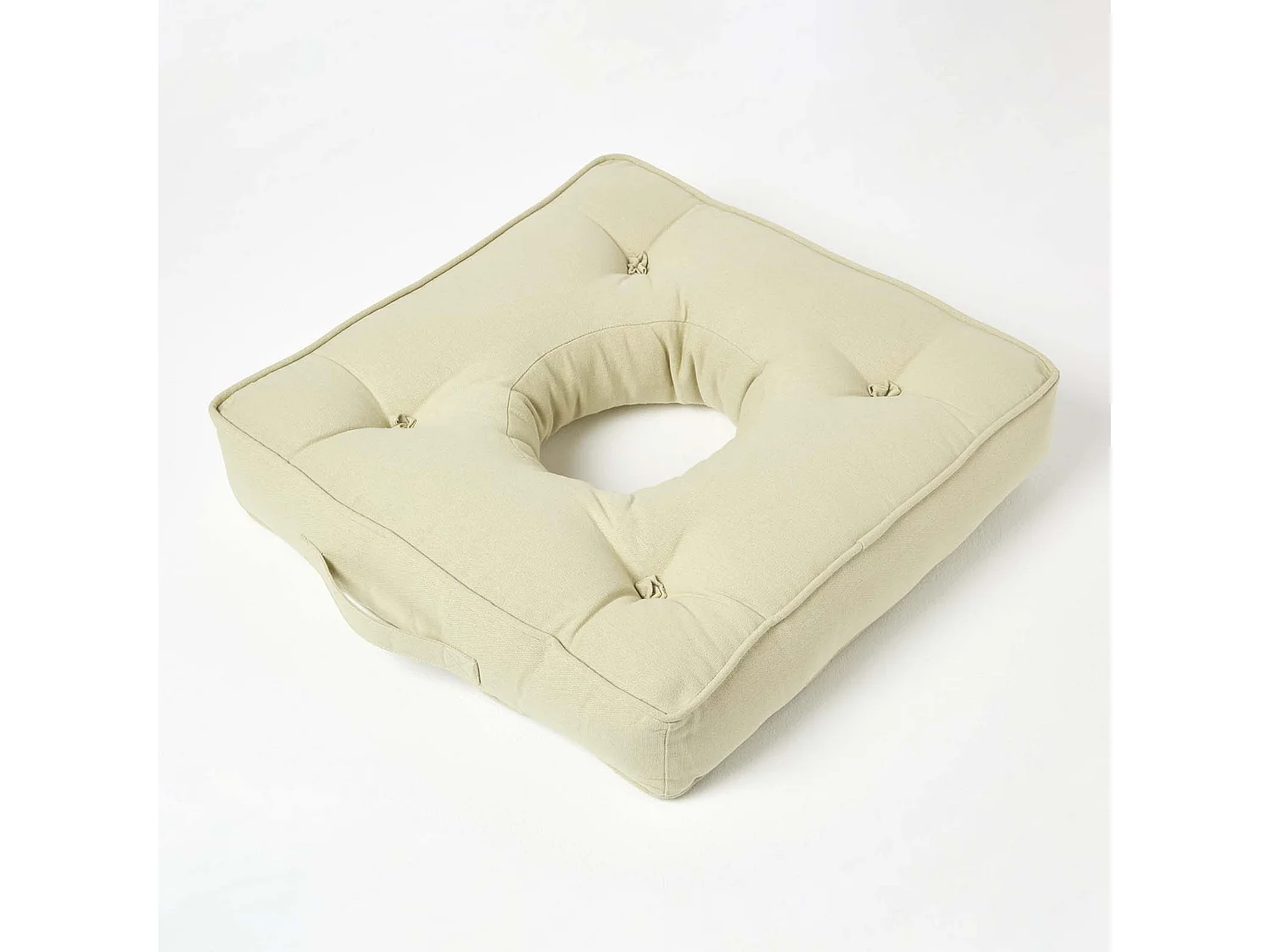 Homescapes Cotton Pressure Relief Armchair Booster Cushion Firm 10cm Thick Pad, 50 x 50 cm, Sage Green, 100% Cotton Cover, Carry Handle, Donut Ring