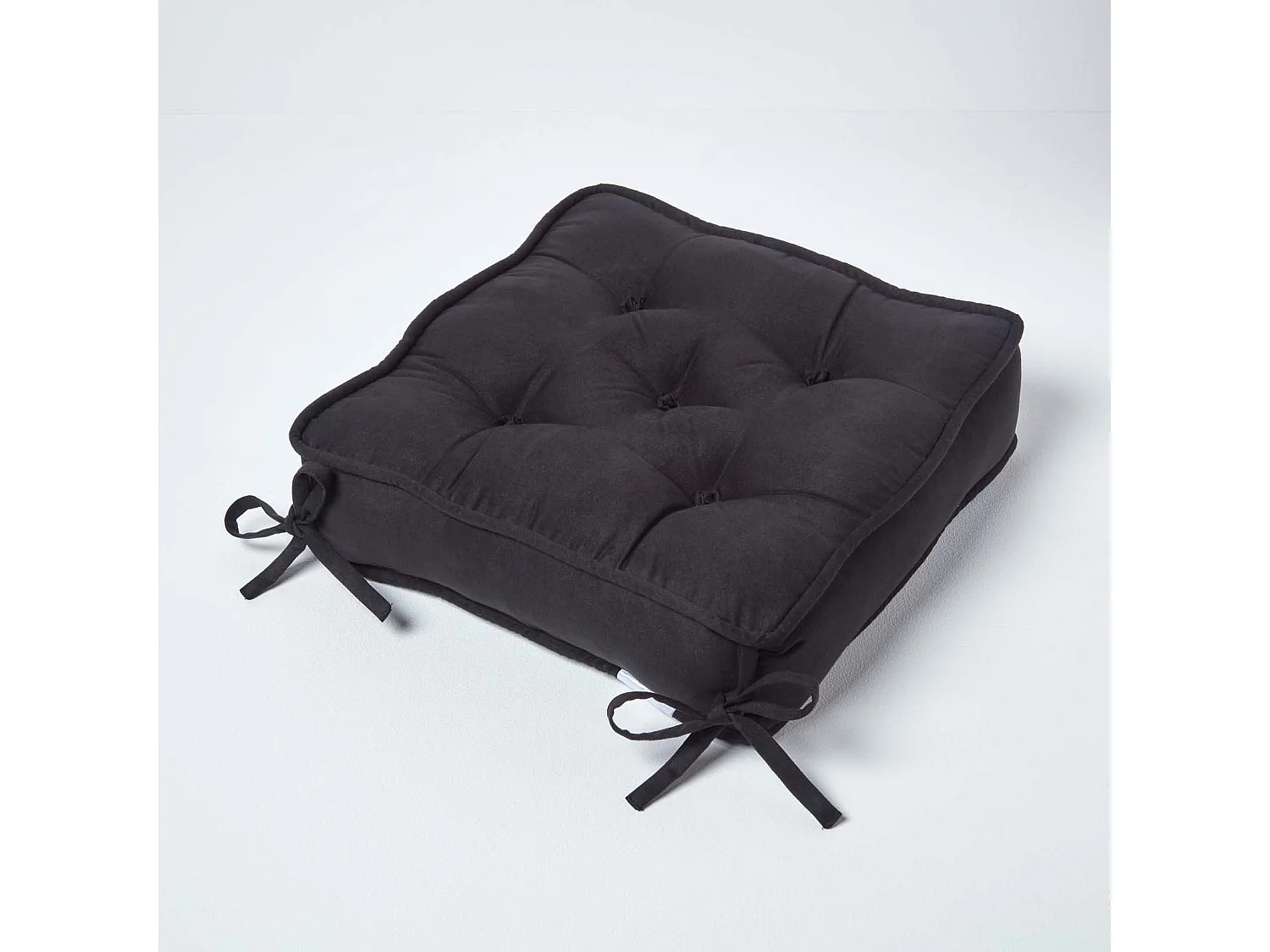 Homescapes Faux Suede Dining Chair Booster Cushion Firm 10cm Thick Seat Pad, 40 x 40 cm, Black, Quilted Design, Ties, High Density Supportive Filling