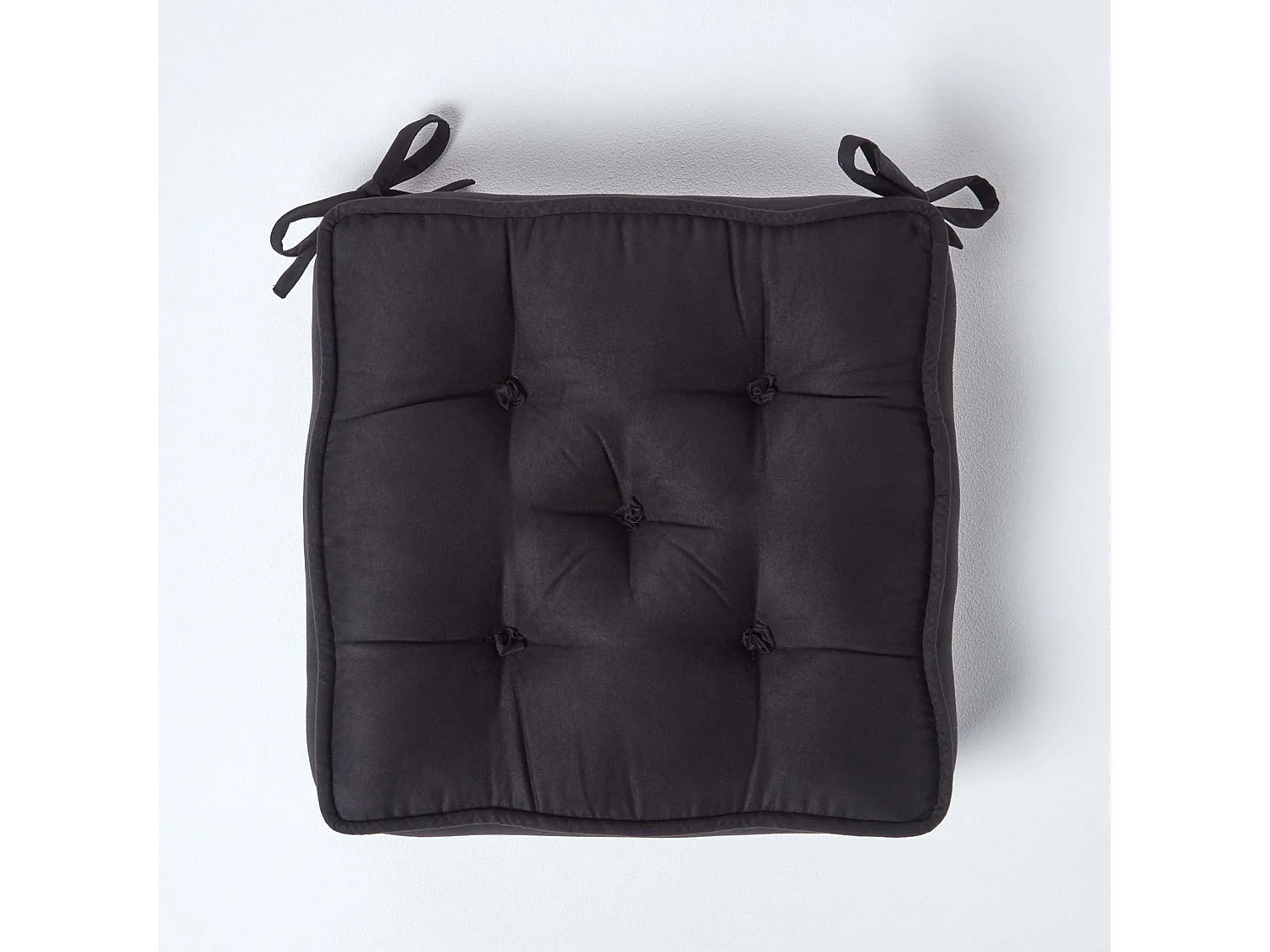 Homescapes Faux Suede Dining Chair Booster Cushion Firm 10cm Thick Seat Pad, 40 x 40 cm, Black, Quilted Design, Ties, High Density Supportive Filling