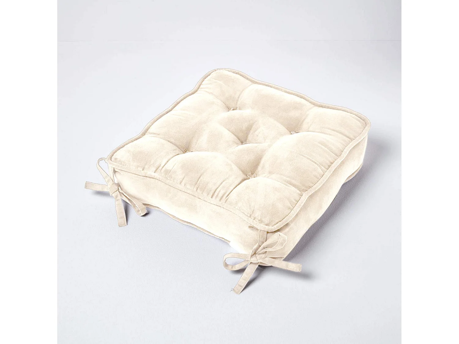 Homescapes Faux Suede Dining Chair Booster Cushion Firm 10cm Thick Seat Pad, 40 x 40 cm, Cream, Quilted Design, Ties, High Density Supportive Filling