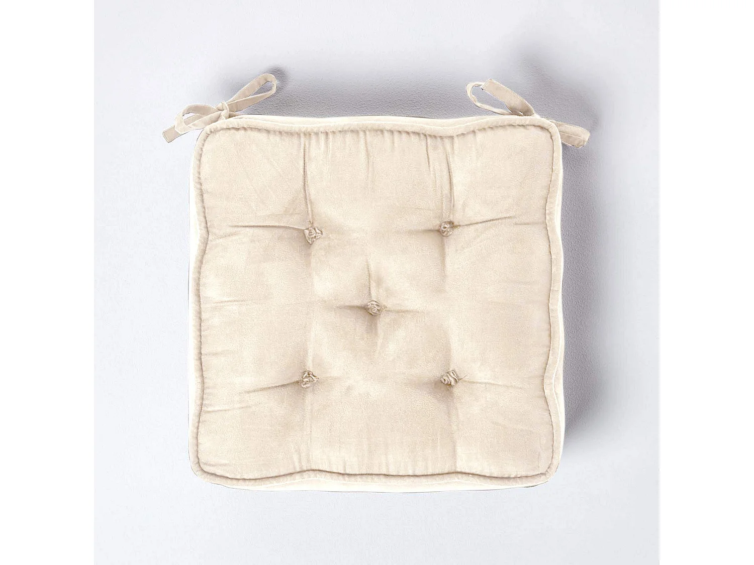 Homescapes Faux Suede Dining Chair Booster Cushion Firm 10cm Thick Seat Pad, 40 x 40 cm, Cream, Quilted Design, Ties, High Density Supportive Filling