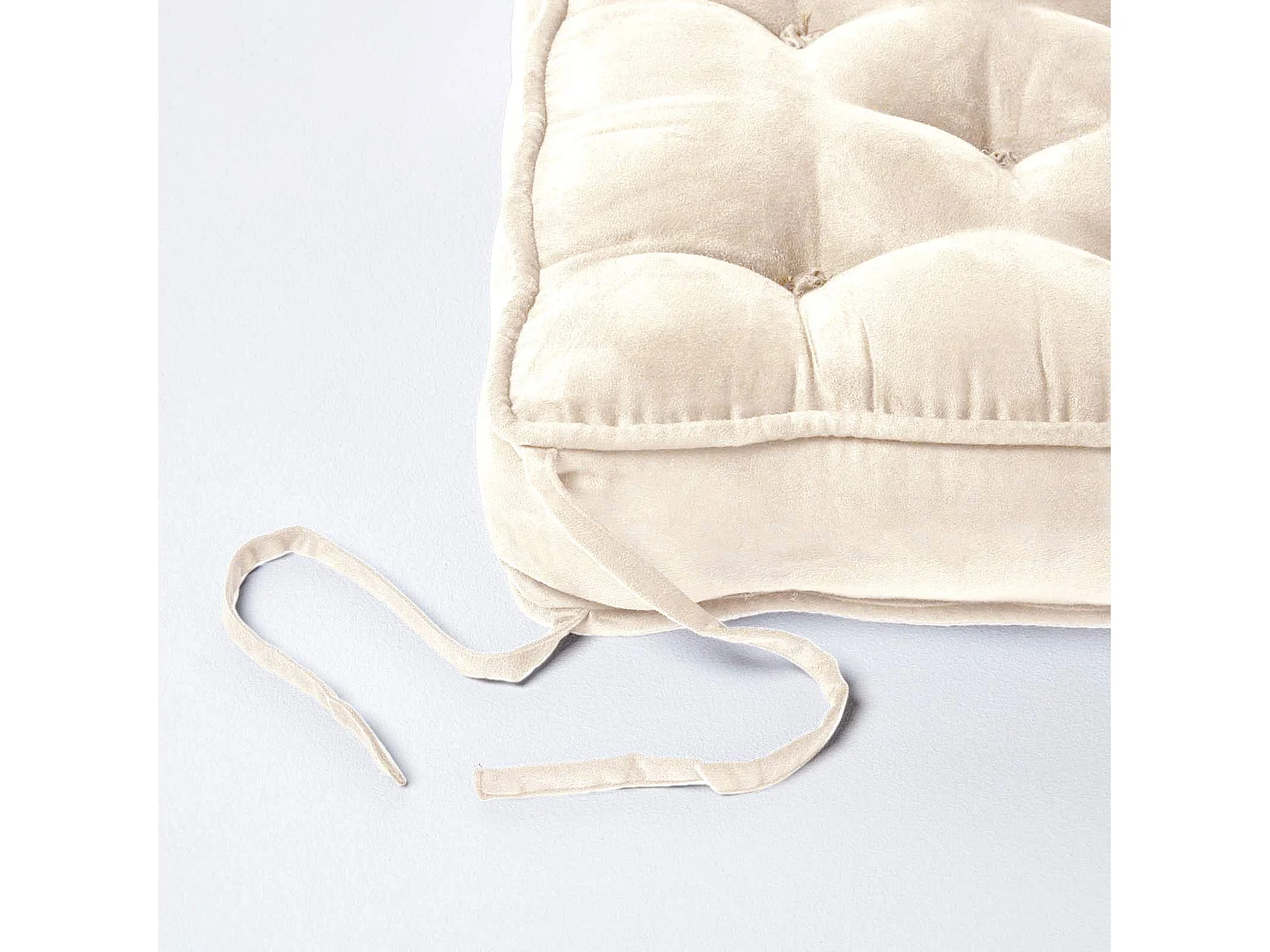 Homescapes Faux Suede Dining Chair Booster Cushion Firm 10cm Thick Seat Pad, 40 x 40 cm, Cream, Quilted Design, Ties, High Density Supportive Filling