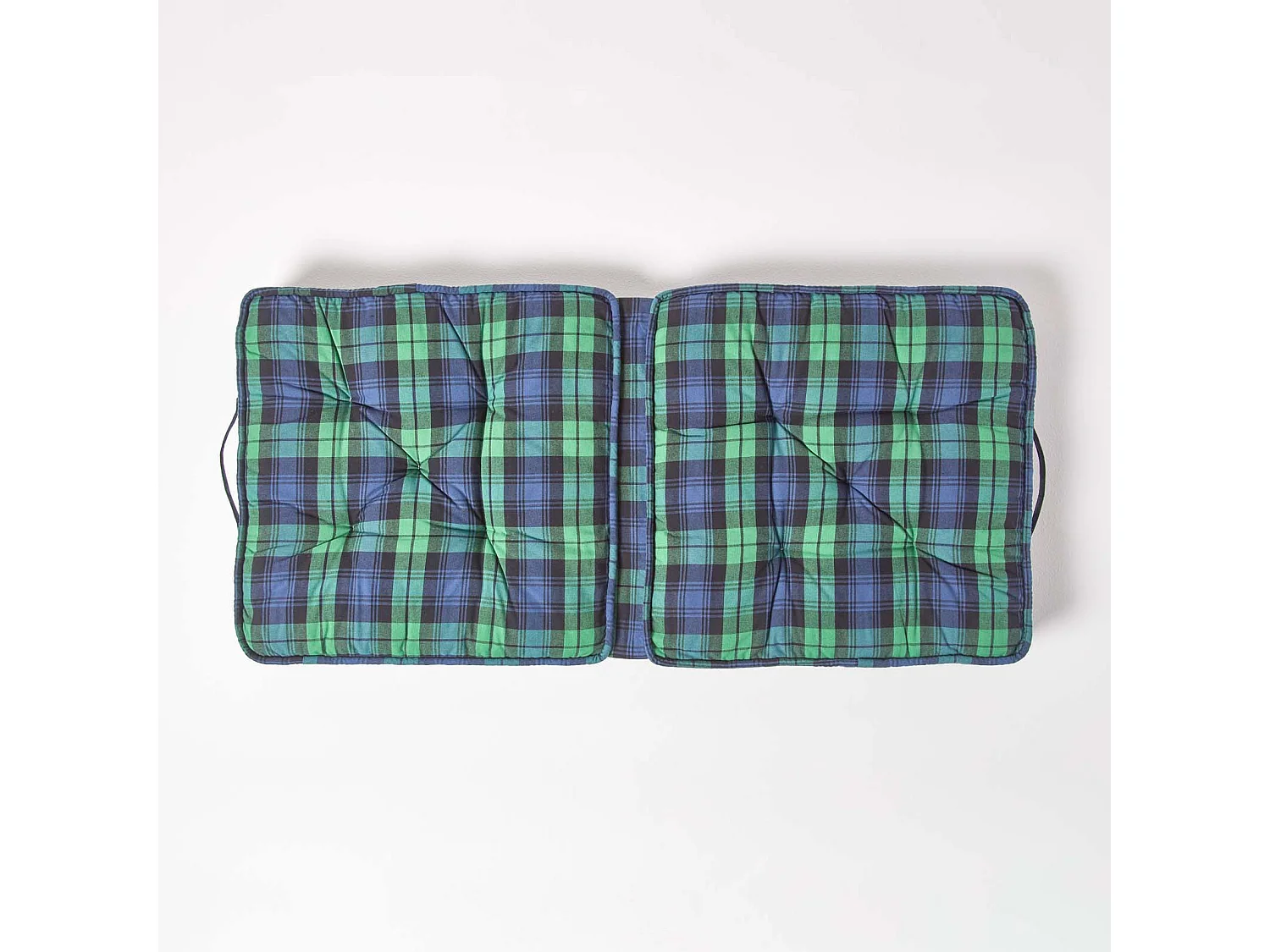 Homescapes Cotton Travel Support Booster Cushion, 50 x 50 cm, Green, Tartan, 100% Cotton Cover, Carry handle, Premium High Density Filling