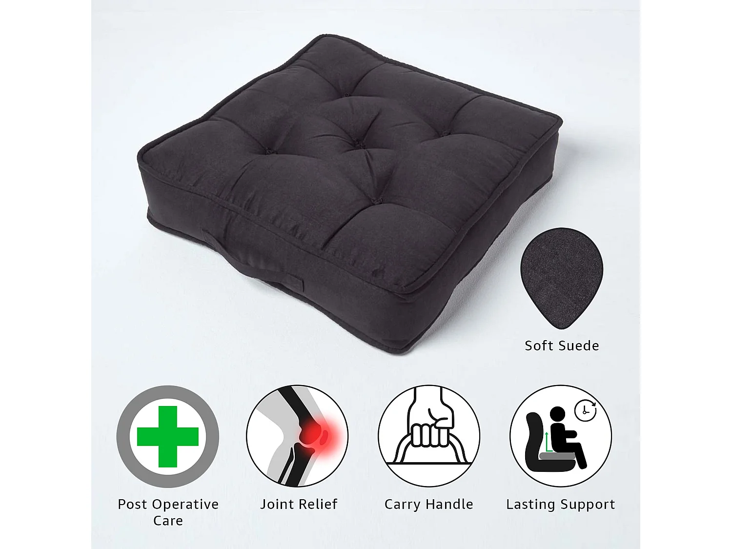 Homescapes Faux Suede Armchair Booster Cushion Firm 10cm Thick Seat Pad, 50 x 50 cm, Black, Supportive High Density Filling, Carry Handle