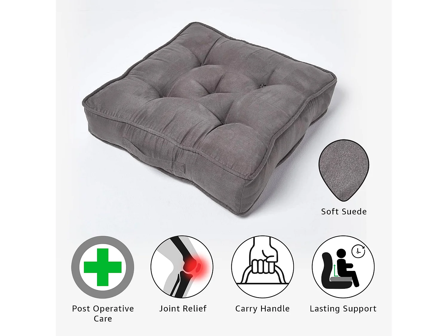 Homescapes Faux Suede Armchair Booster Cushion Firm 10cm Thick Seat Pad, 50 x 50 cm, Grey, Supportive High Density Filling, Carry Handle