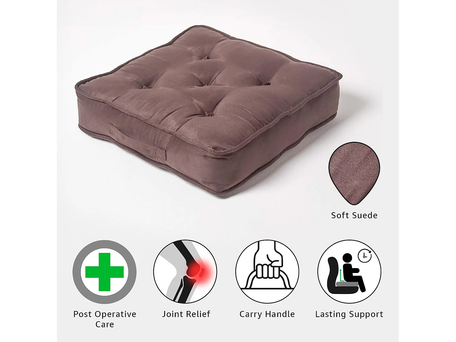 Homescapes Faux Suede Armchair Booster Cushion Firm 10cm Thick Seat Pad, 50 x 50 cm, Chocolate Brown, Supportive Filling, Carry Handle
