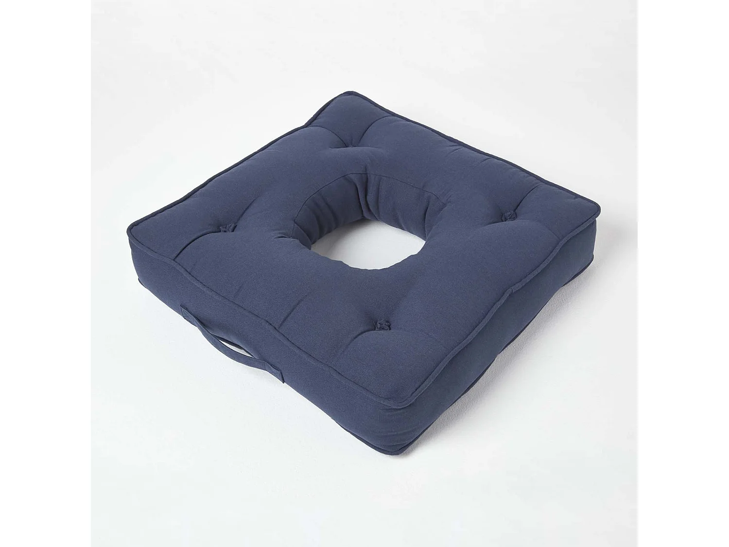 Homescapes Cotton Pressure Relief Armchair Booster Cushion Firm 10cm Thick Pad, 50 x 50 cm, Navy Blue, 100% Cotton Cover, Carry Handle, Donut Ring