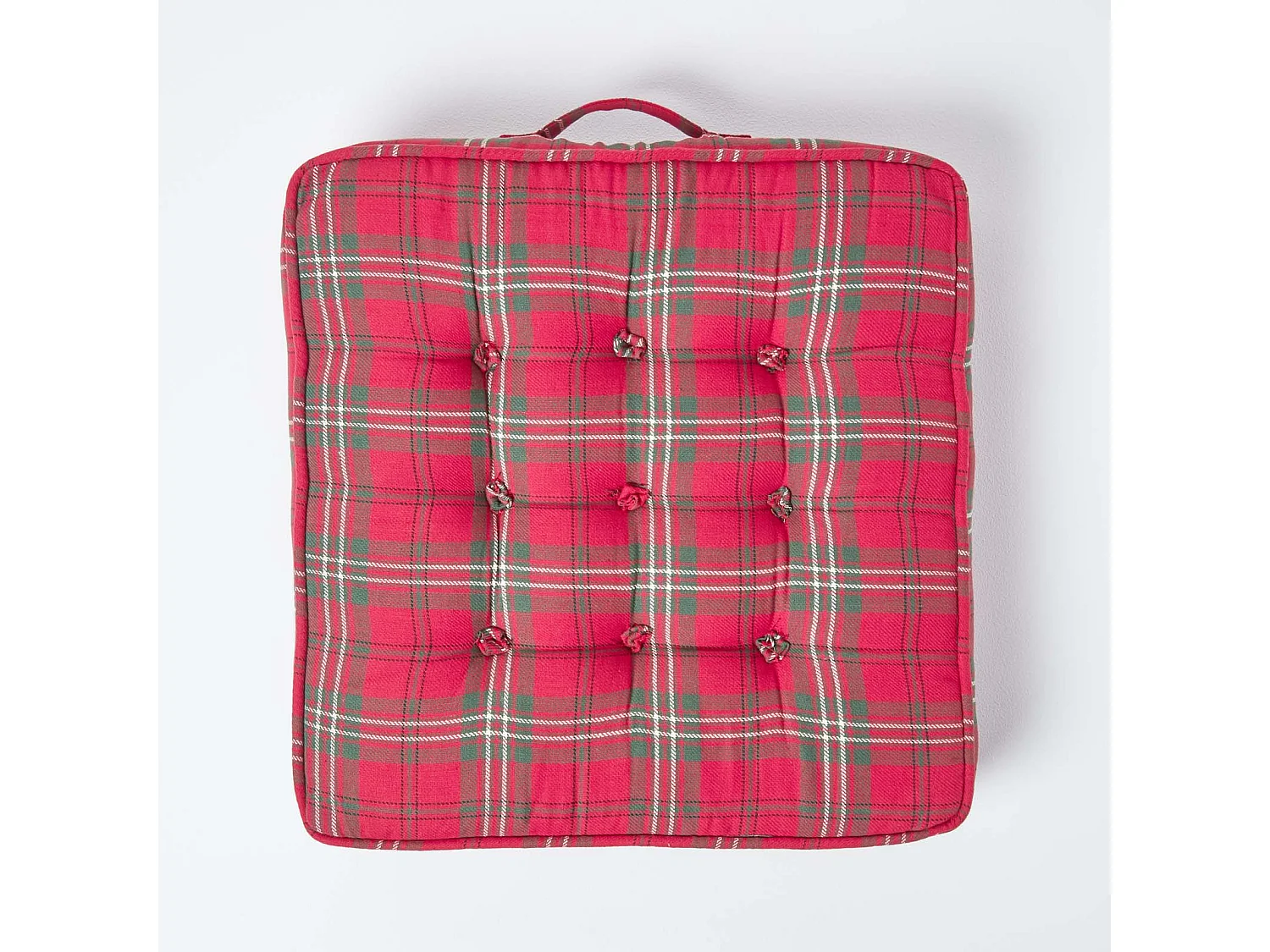 Homescapes Cotton Armchair Booster Cushion Firm 10cm Thick Seat Pad, 50 x 50 cm, Red, Tartan, 100% Cotton Cover, Supportive Filling, Carry Handle