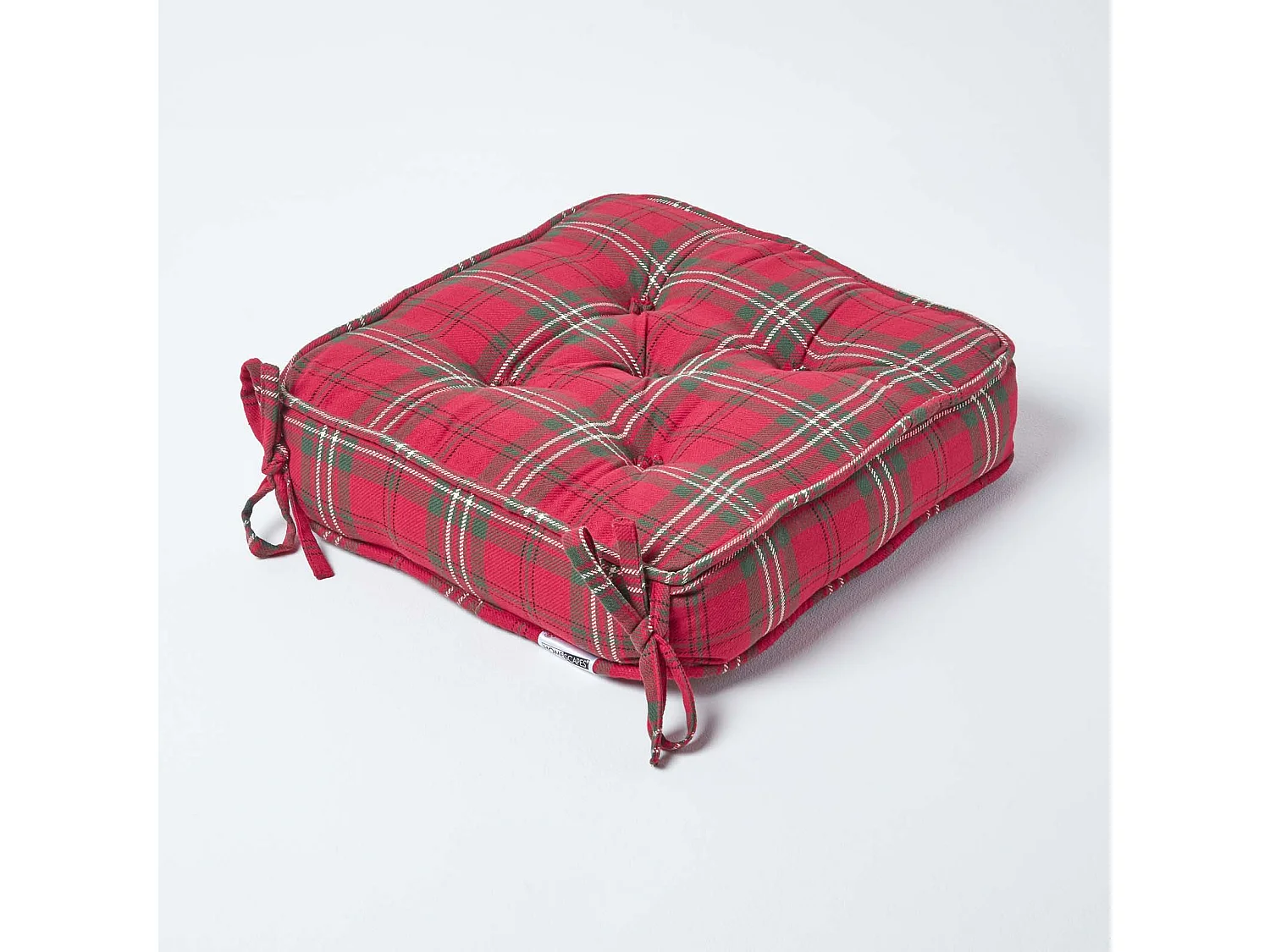 Homescapes Cotton Dining Chair Booster Cushion Firm 10cm Thick Seat Pad, 40 x 40 cm, Red, Tartan, 100% Cotton Cover, Quilted, Ties Supportive