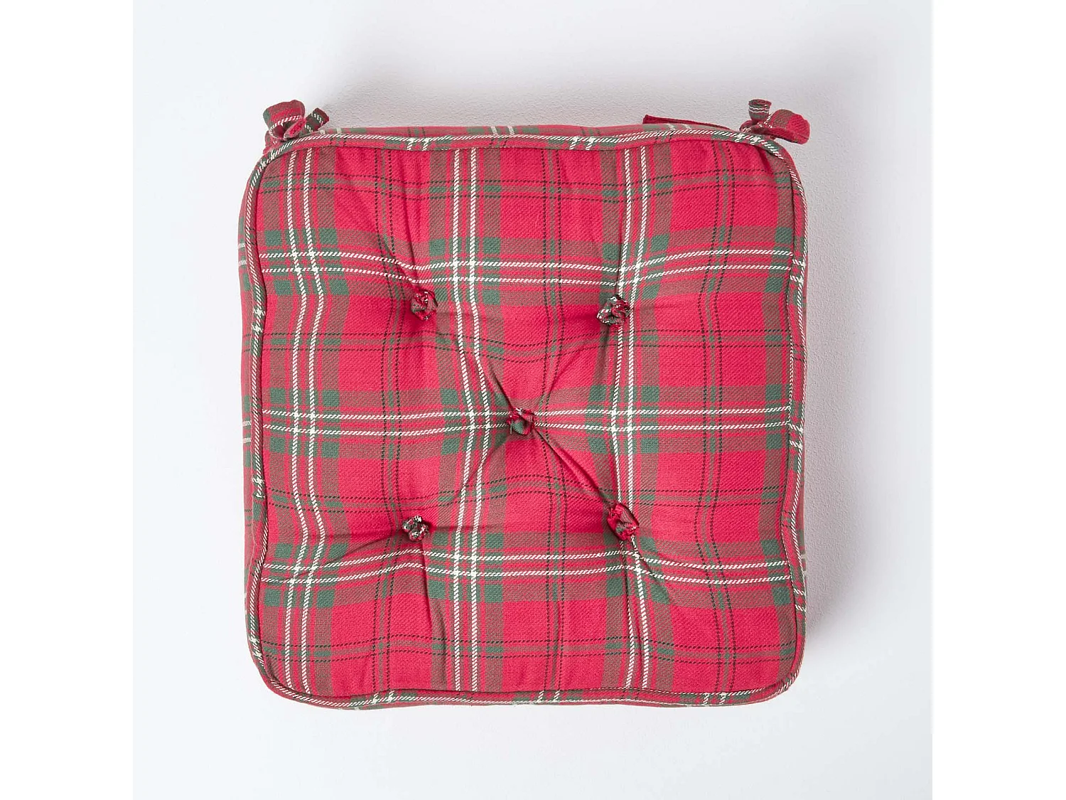 Homescapes Cotton Dining Chair Booster Cushion Firm 10cm Thick Seat Pad, 40 x 40 cm, Red, Tartan, 100% Cotton Cover, Quilted, Ties Supportive
