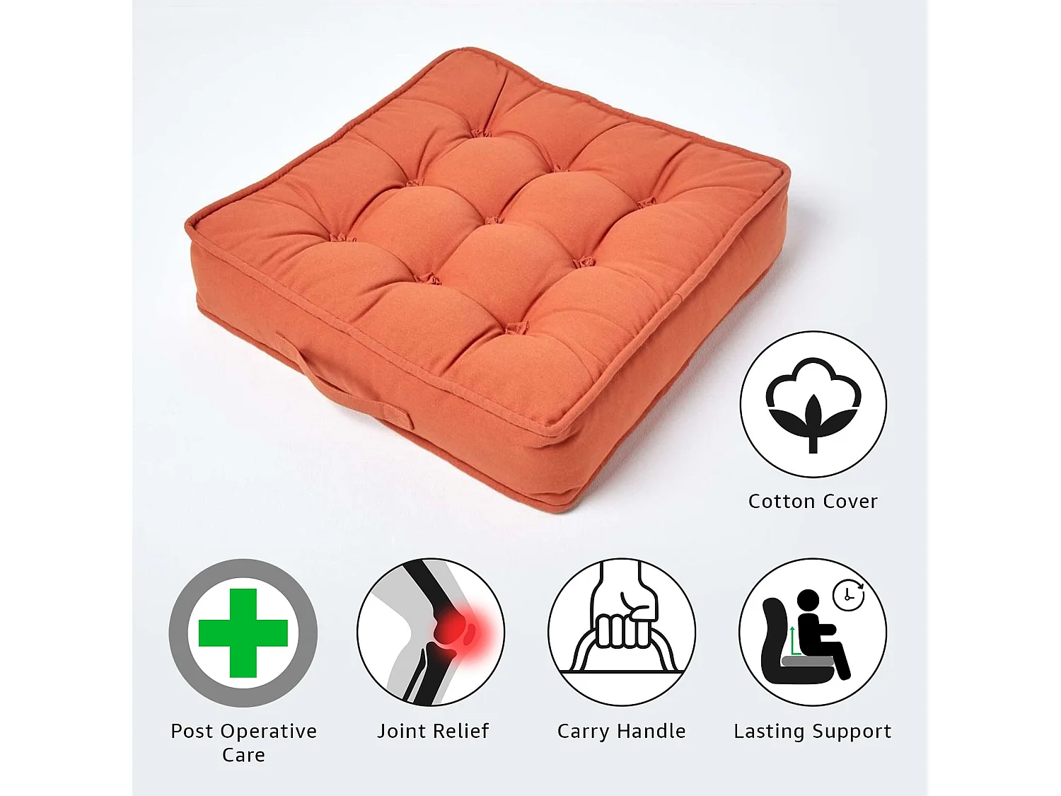 Homescapes Cotton Armchair Booster Cushion Firm 10cm Thick Seat Pad, 50 x 50 cm, Terracotta Orange 100% Cotton Cover, Supportive Filling, Carry Handle