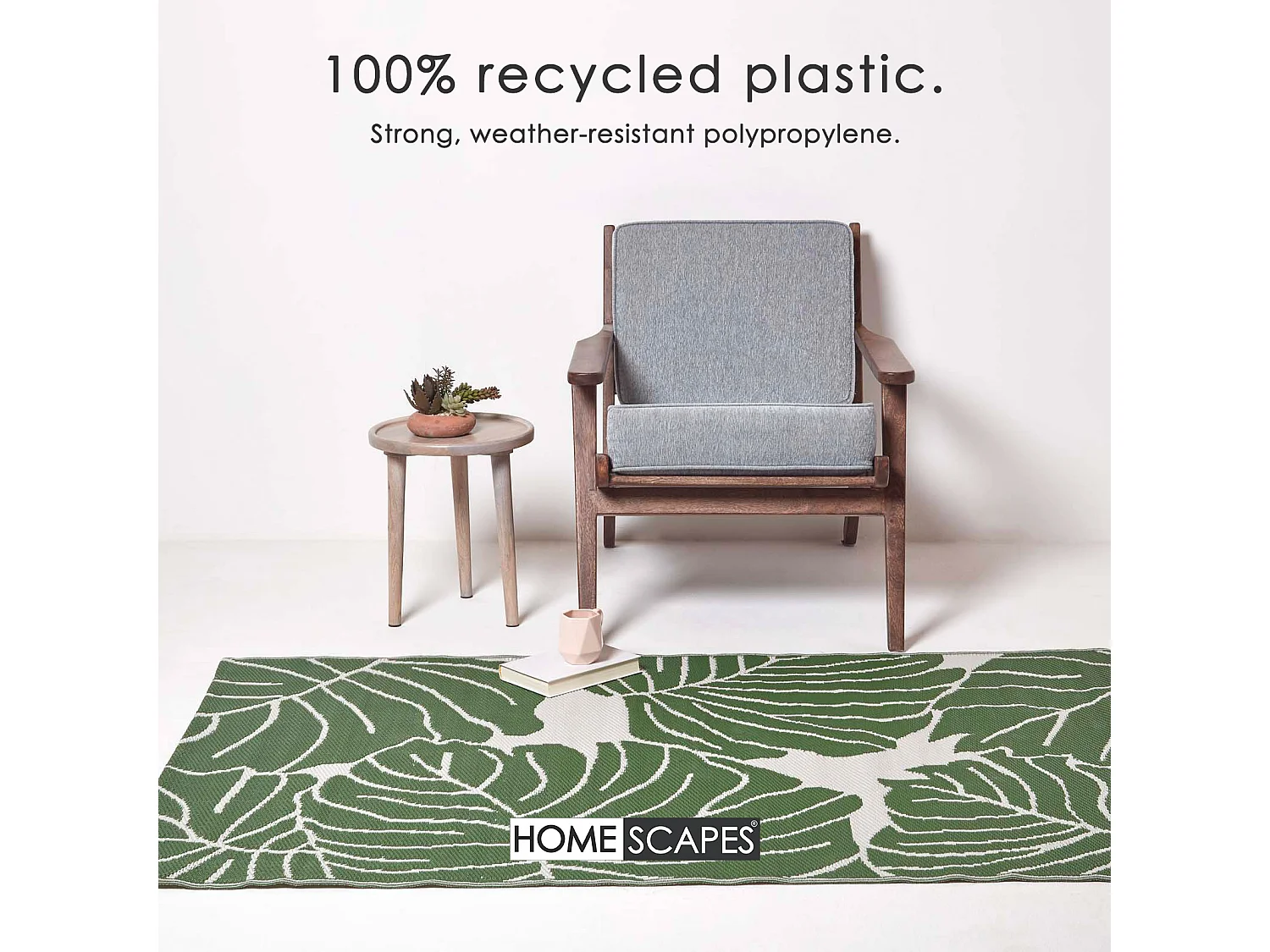 Homescapes Luxury Outdoor Rug Waterproof Reversible for Garden, 120 x 180 cm, Green & White, Recycled, Ada Botanical