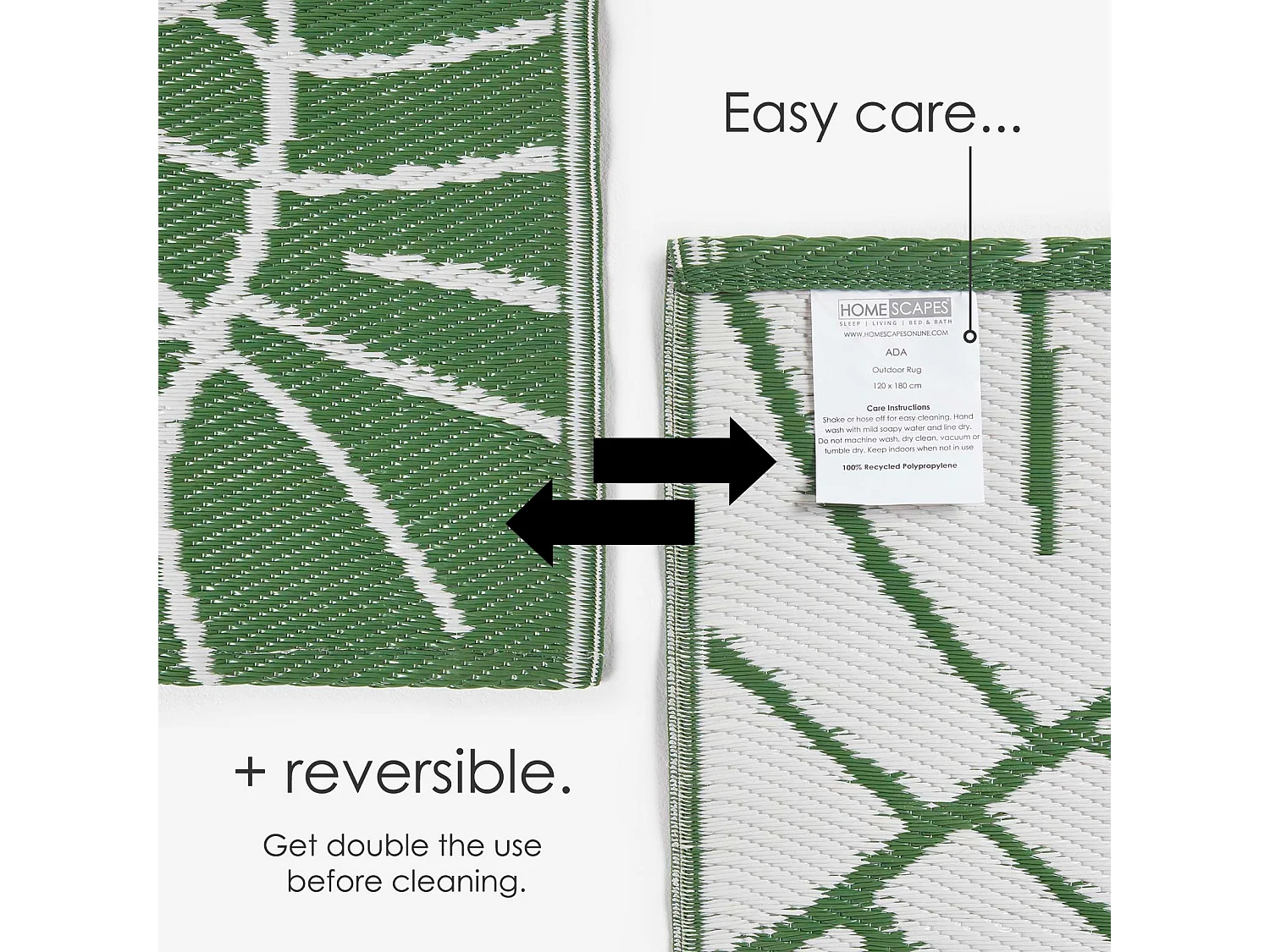 Homescapes Luxury Outdoor Rug Waterproof Reversible for Garden, 120 x 180 cm, Green & White, Recycled, Ada Botanical
