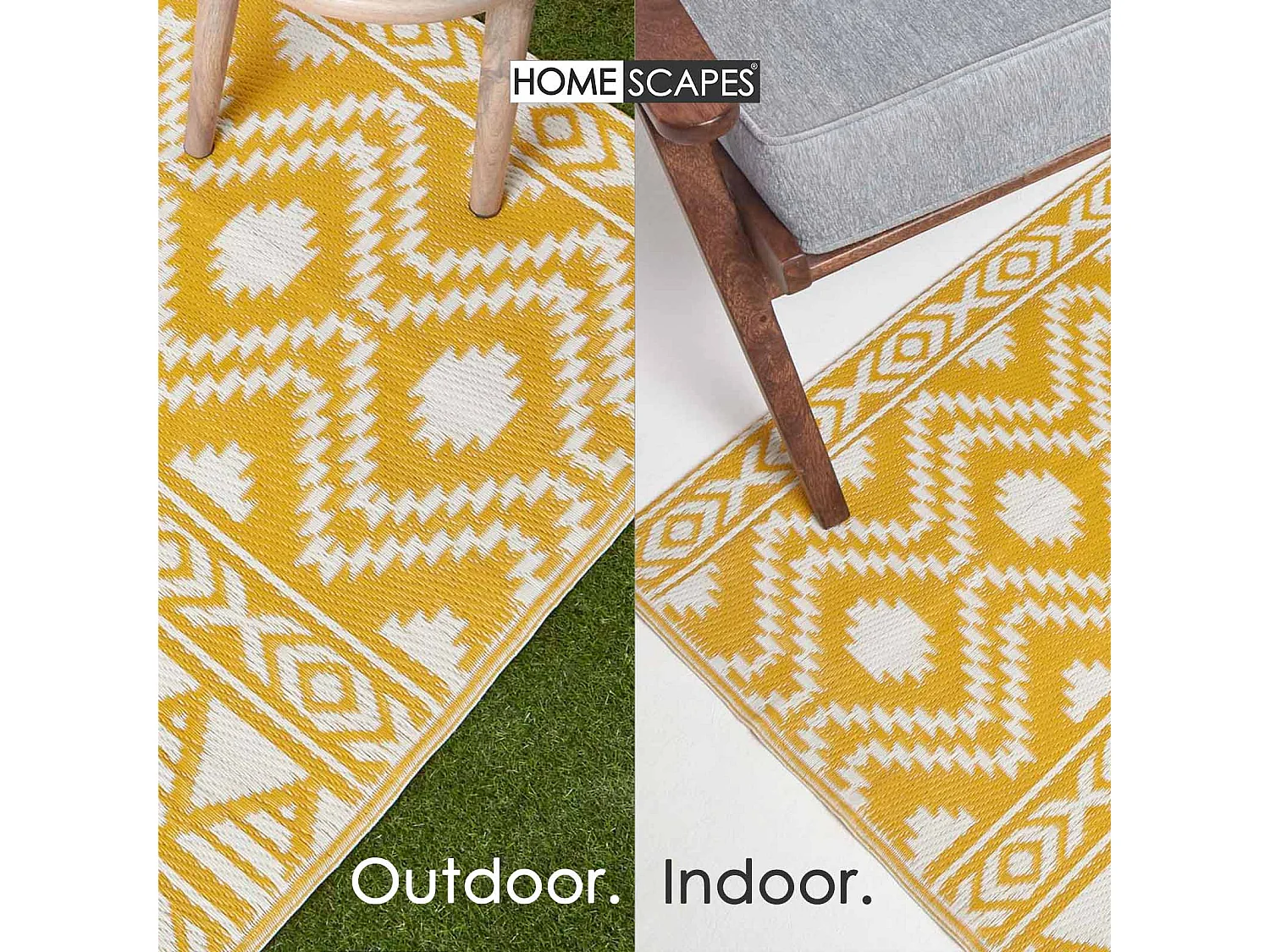 Homescapes Luxury Outdoor Rug Waterproof Reversible for Garden, 180 x 270 cm, Yellow & White, 100% Recycled, Anna Aztec