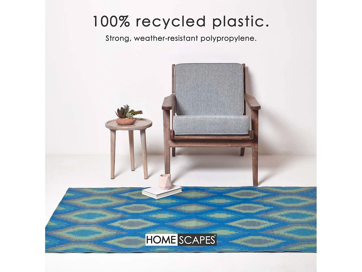 Homescapes Luxury Outdoor Rug Waterproof Reversible for Garden, 120 x 180 cm, Green & Blue, 100% Recycled, Amber Ikat