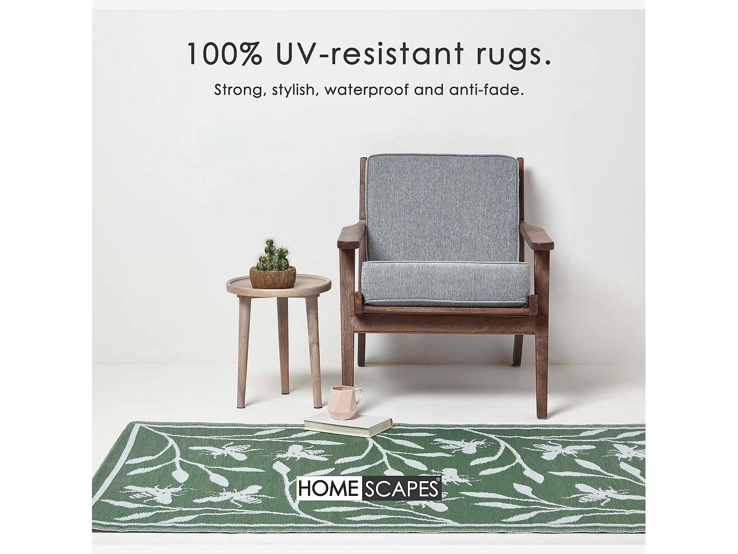 Homescapes Luxury Outdoor Rug Waterproof Reversible for Garden, 182 x 122 cm, Green, 100% Recycled, Floral Bumble Bee