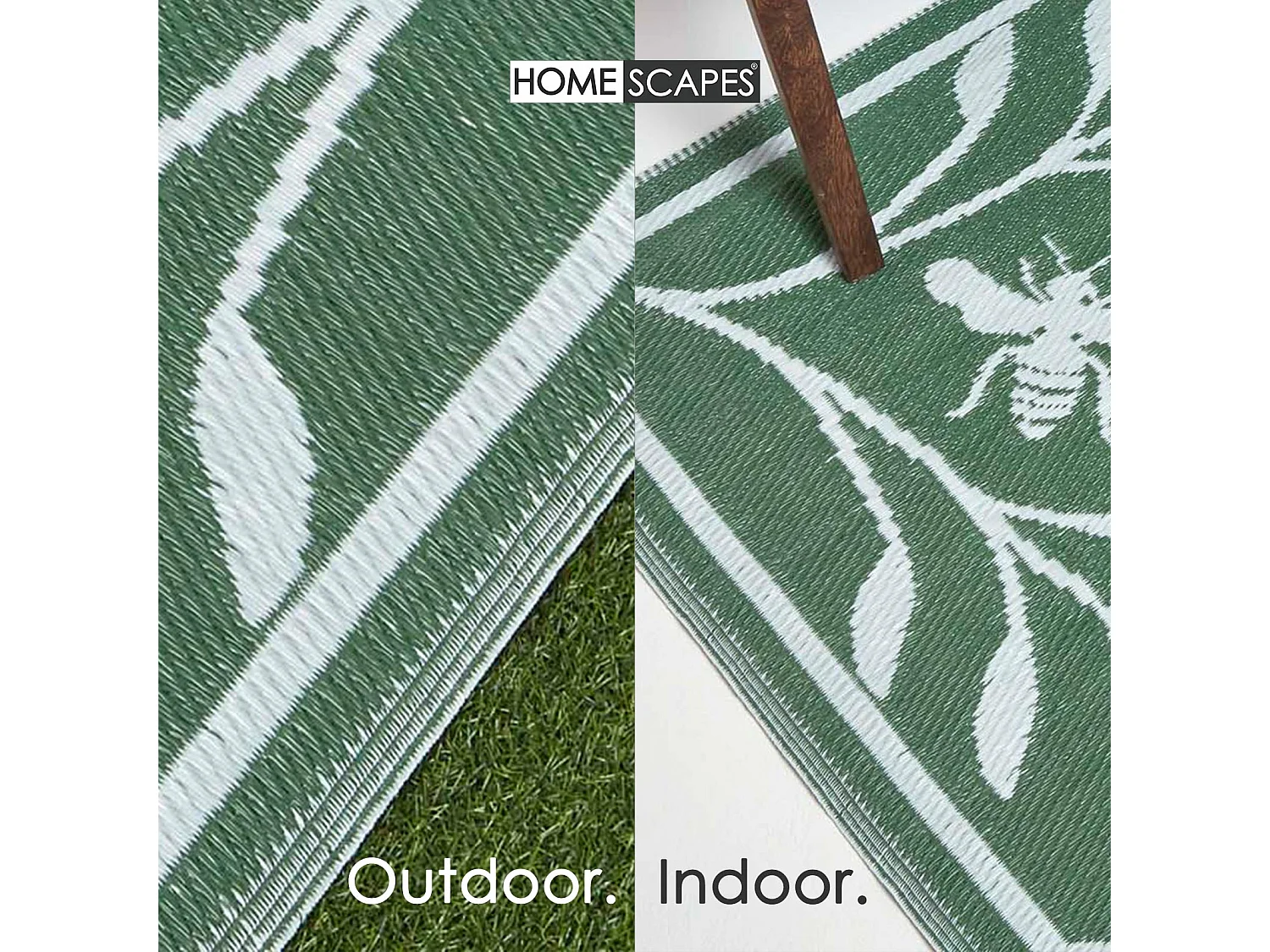 Homescapes Luxury Outdoor Rug Waterproof Reversible for Garden, 182 x 122 cm, Green, 100% Recycled, Floral Bumble Bee