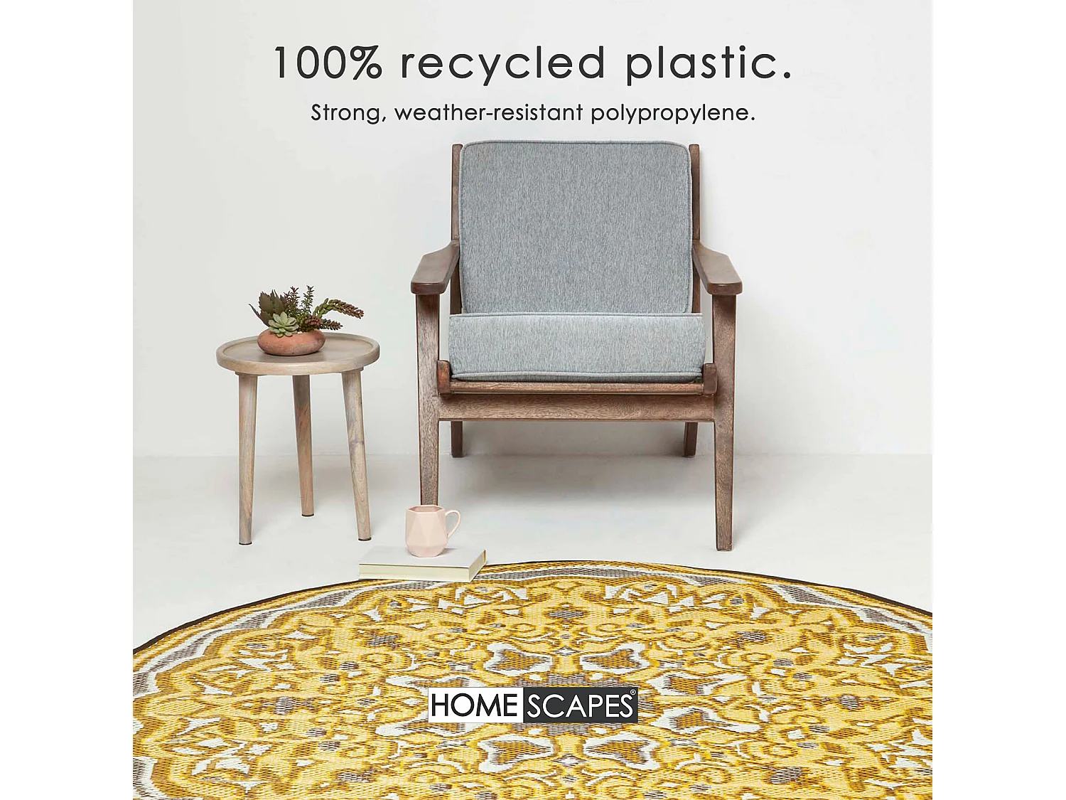Homescapes Luxury Round Outdoor Rug Waterproof Reversible for Garden Patio, 180 cm, Seamless, Yellow, 100% Recycled, Rae
