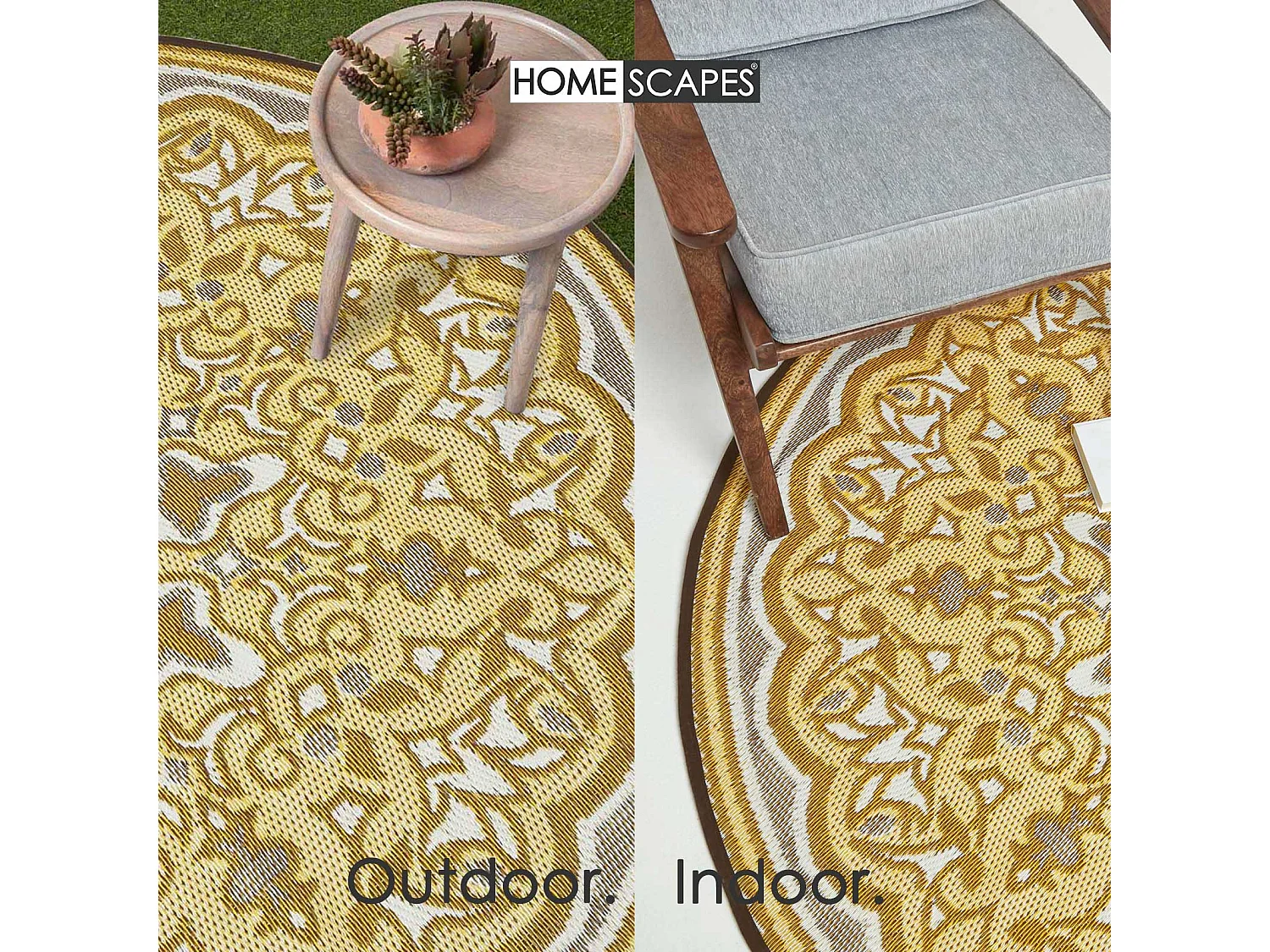 Homescapes Luxury Round Outdoor Rug Waterproof Reversible for Garden Patio, 180 cm, Seamless, Yellow, 100% Recycled, Rae