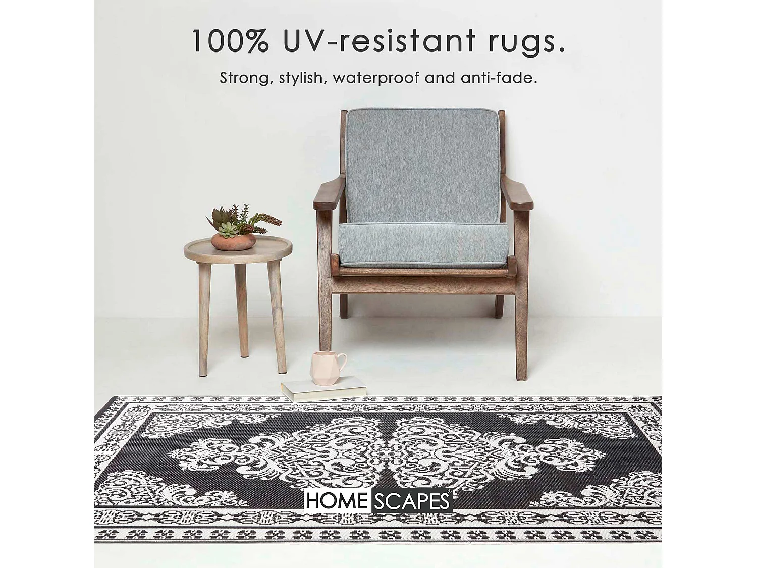 Homescapes Luxury Outdoor Rug Waterproof Reversible for Garden Patio, 120 x 186 cm, Black & White, 100% Recycled, Motif