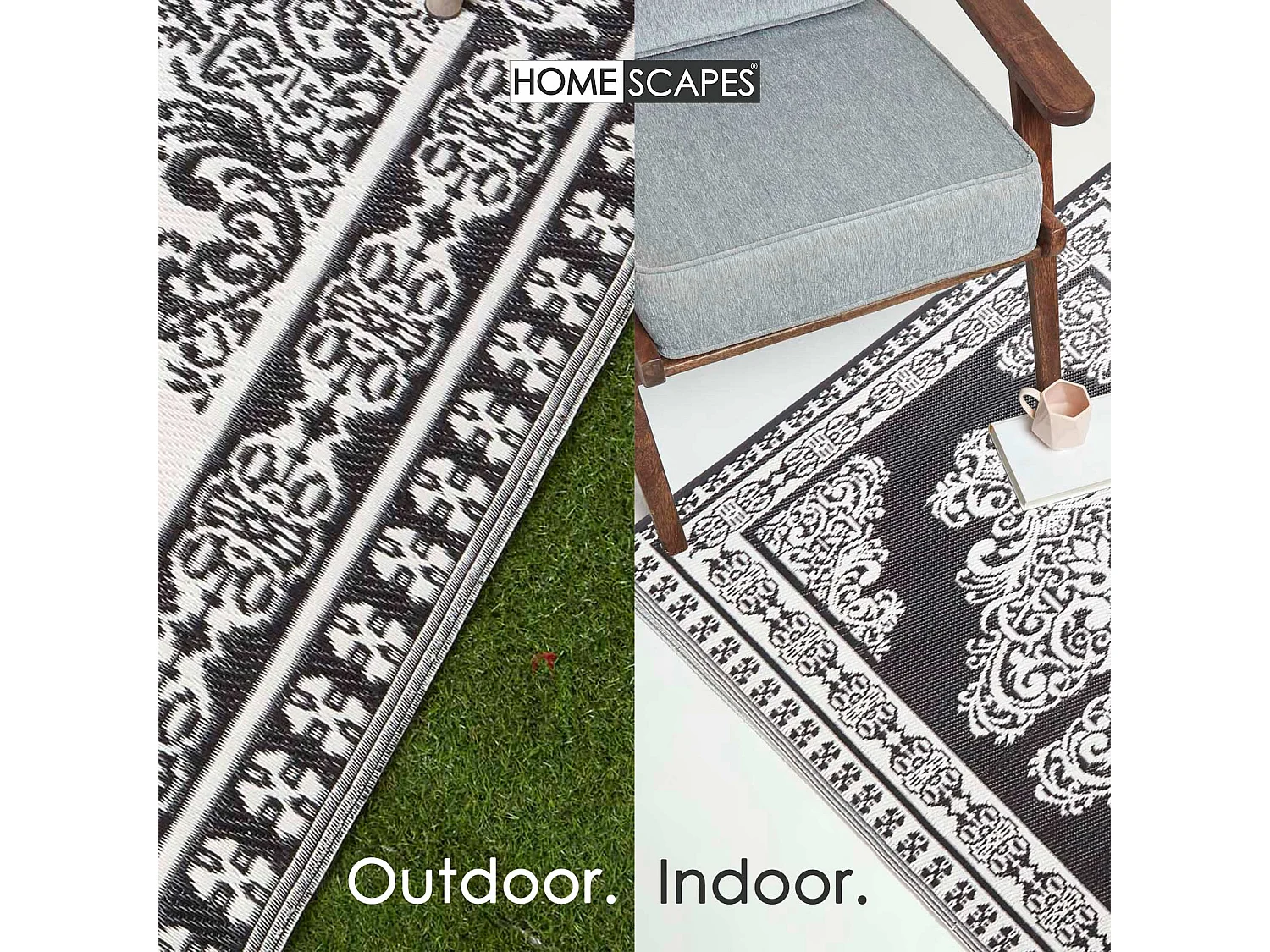 Homescapes Luxury Outdoor Rug Waterproof Reversible for Garden Patio, 120 x 186 cm, Black & White, 100% Recycled, Motif