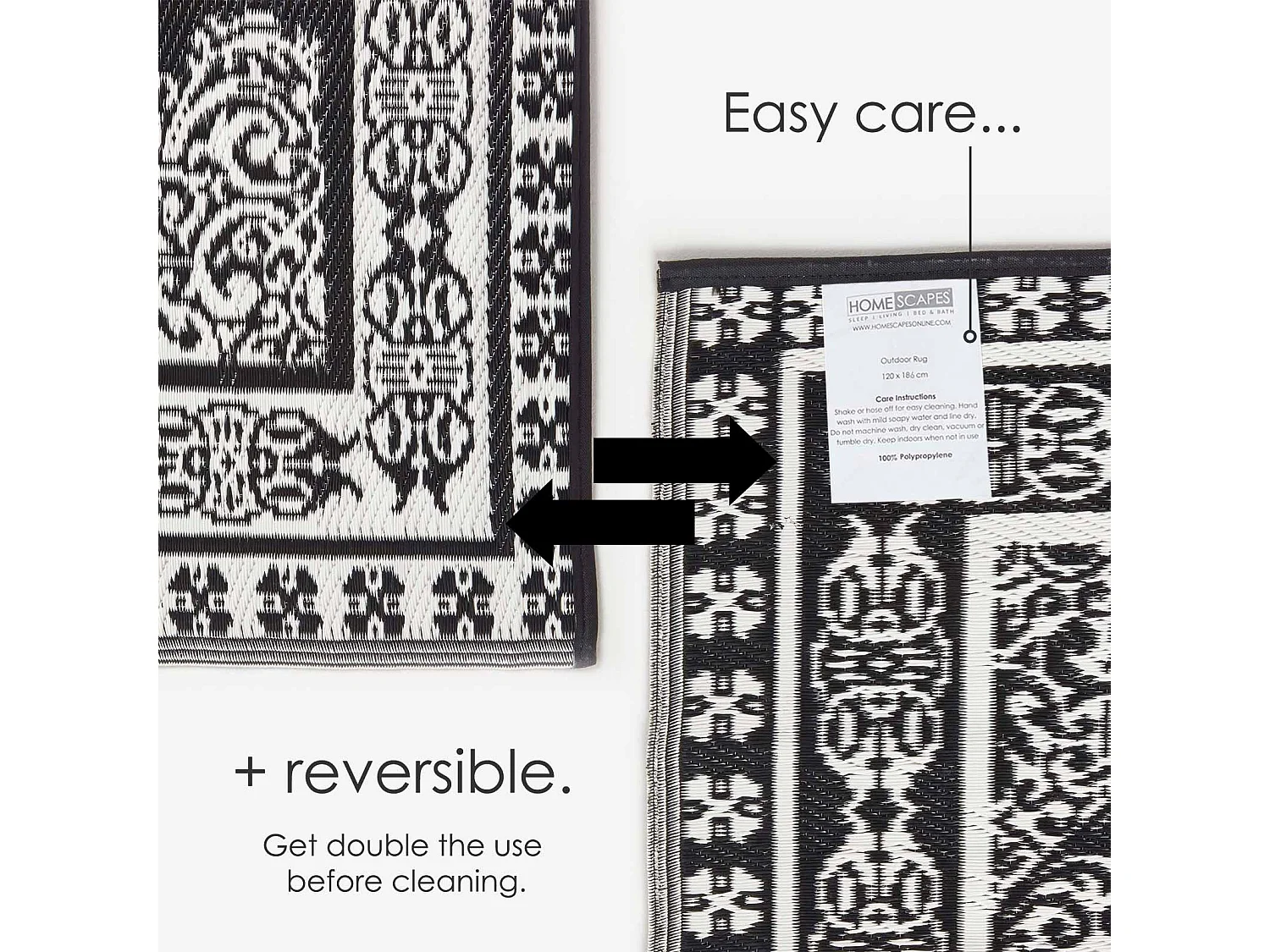 Homescapes Luxury Outdoor Rug Waterproof Reversible for Garden Patio, 120 x 186 cm, Black & White, 100% Recycled, Motif