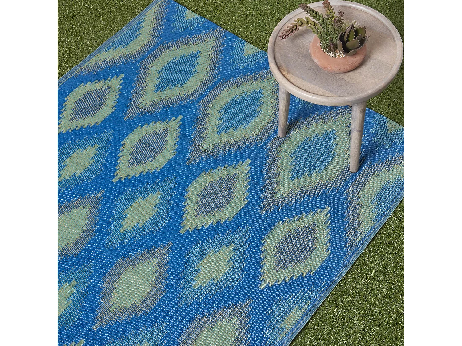 Homescapes Luxury Outdoor Rug Waterproof Reversible for Garden, 150 x 240 cm, Green & Blue, 100% Recycled, Amber Ikat