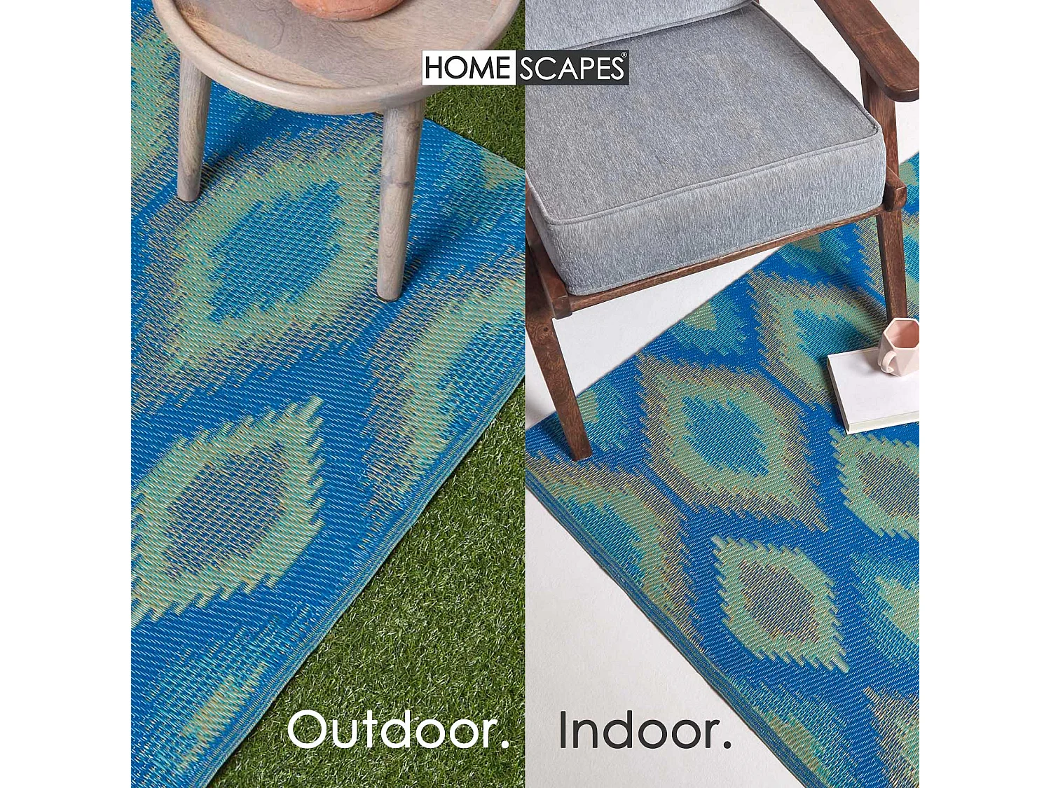 Homescapes Luxury Outdoor Rug Waterproof Reversible for Garden, 150 x 240 cm, Green & Blue, 100% Recycled, Amber Ikat