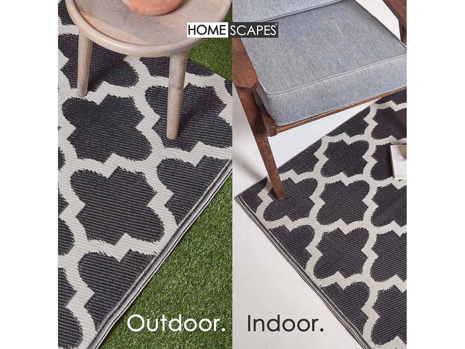 Homescapes Luxury Outdoor Rug Waterproof Reversible for Garden, 150 x 240 cm, Black & White, Recycled, Nola Geometric