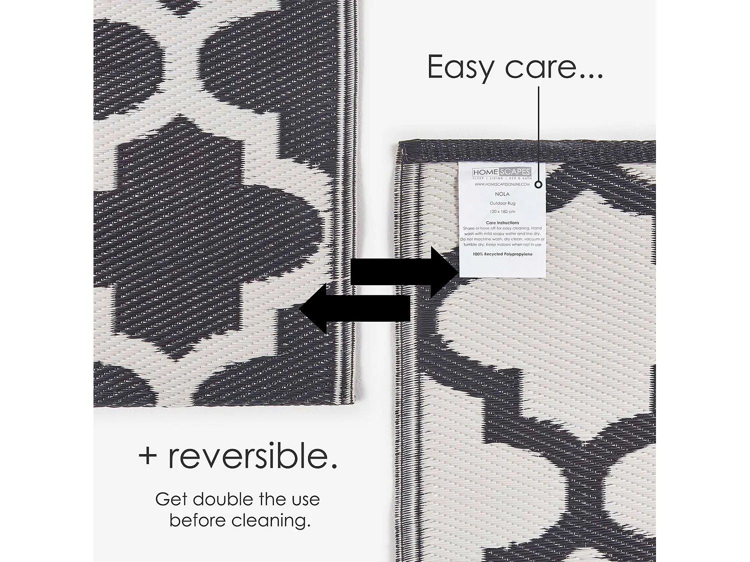 Homescapes Luxury Outdoor Rug Waterproof Reversible for Garden, 120 x 180 cm, Black & White, Recycled, Nola Geometric