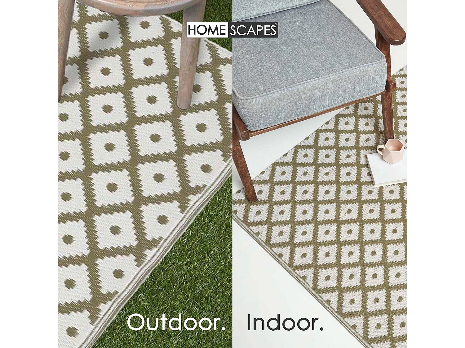 Homescapes Luxury Outdoor Rug Waterproof Reversible for Garden, 150 x 240 cm, Olive Green, 100% Recycled, May Geometric