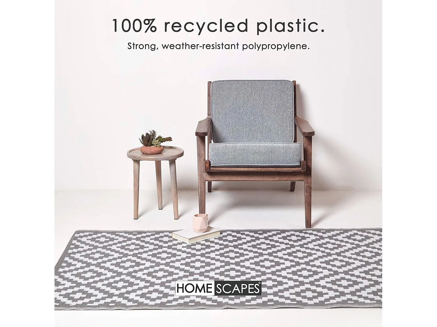 Homescapes Luxury Outdoor Rug Waterproof Reversible for Garden, 120 x 180 cm, Grey & White, 100% Recycled, Zoe Geometric