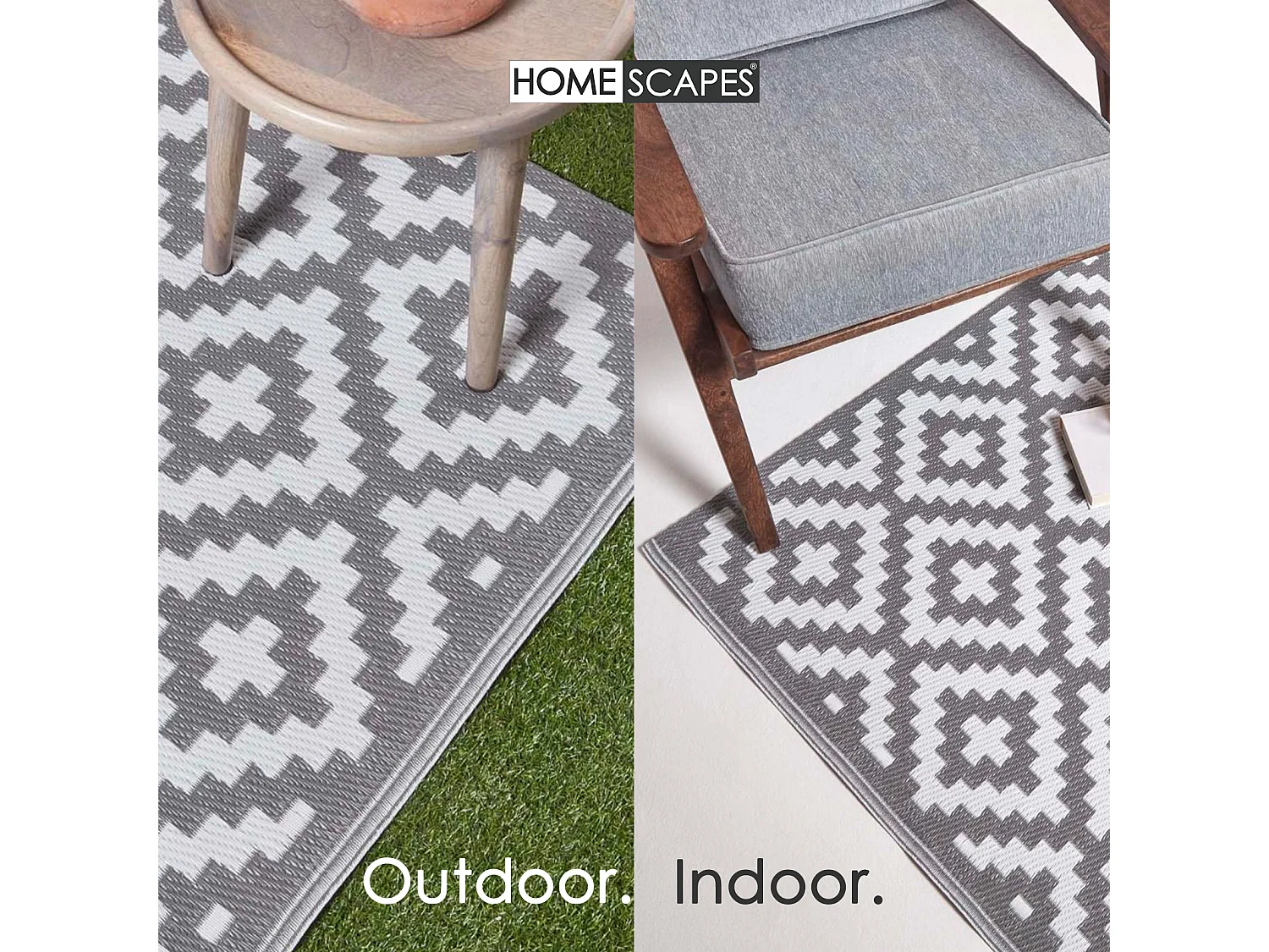 Homescapes Luxury Outdoor Rug Waterproof Reversible for Garden, 120 x 180 cm, Grey & White, 100% Recycled, Zoe Geometric