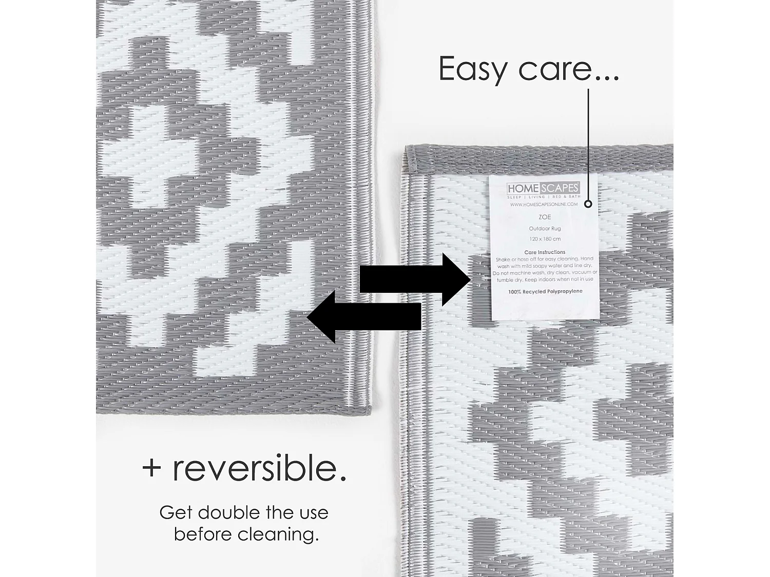 Homescapes Luxury Outdoor Rug Waterproof Reversible for Garden, 120 x 180 cm, Grey & White, 100% Recycled, Zoe Geometric