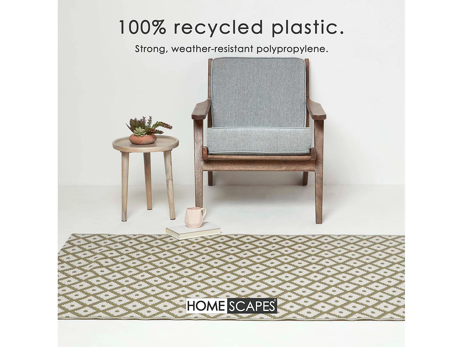 Homescapes Luxury Outdoor Rug Runner Waterproof Reversible for Garden, 75 x 200 cm, Olive Green, Recycled, May Geometric