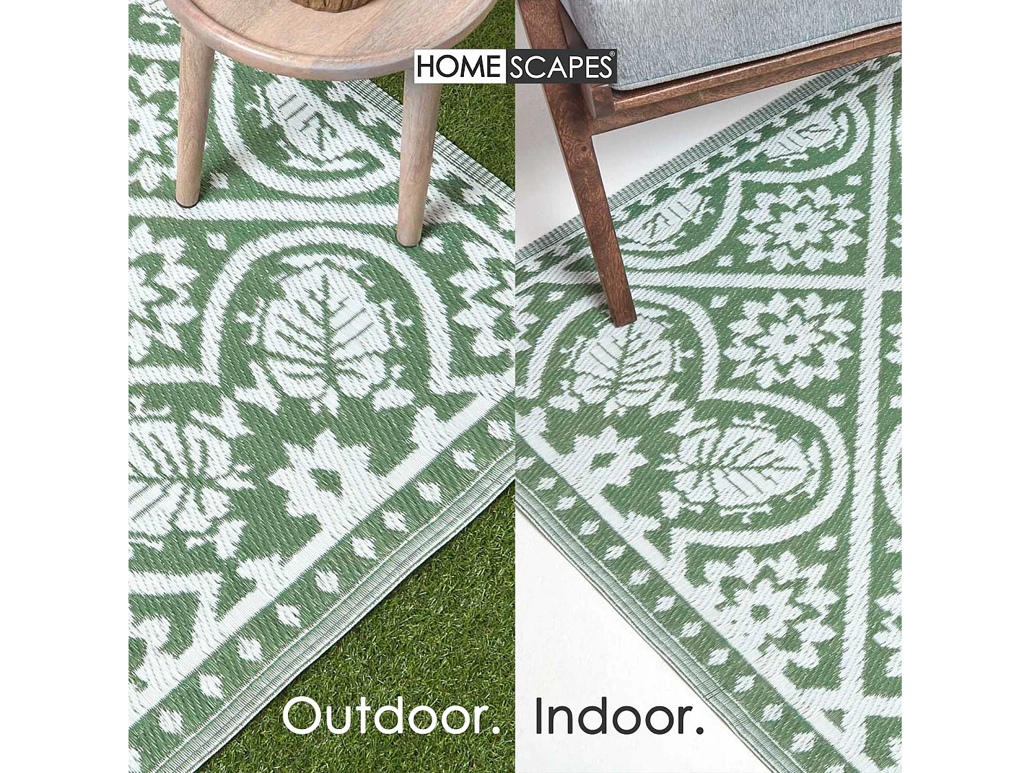 Homescapes Luxury Outdoor Rug Waterproof Reversible for Garden Patio, 182 x 122 cm, Green, 100% Recycled, Floral Leaf